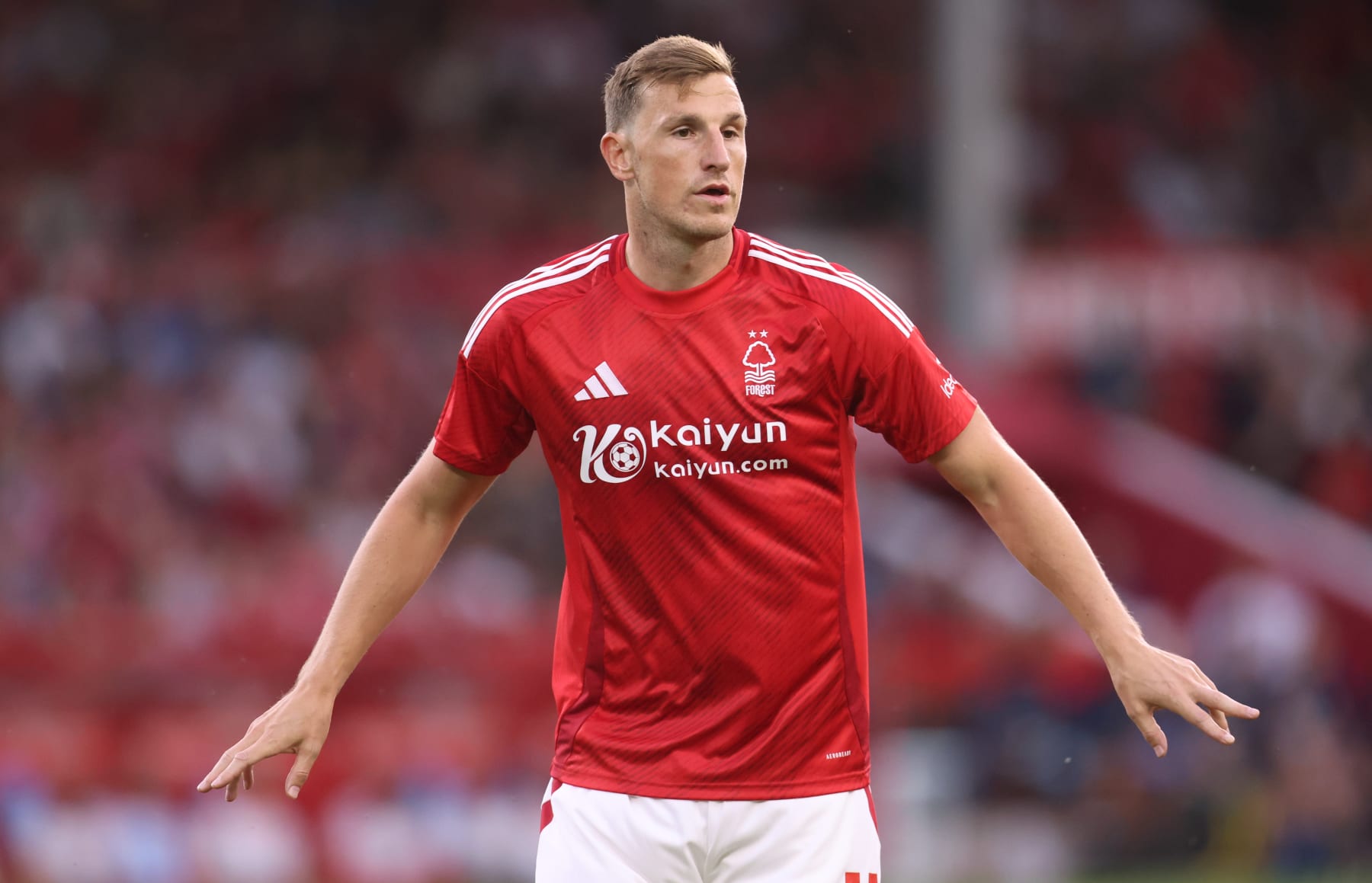 NOTTINGHAM, ENGLAND - AUGUST 02: Chris Wood of Nottingham Forest during the pre-season friendly match between Nottingham Forest and Villarreal at City Ground on August 02, 2024 in Nottingham, England. (Photo by Nathan Stirk/Getty Images)