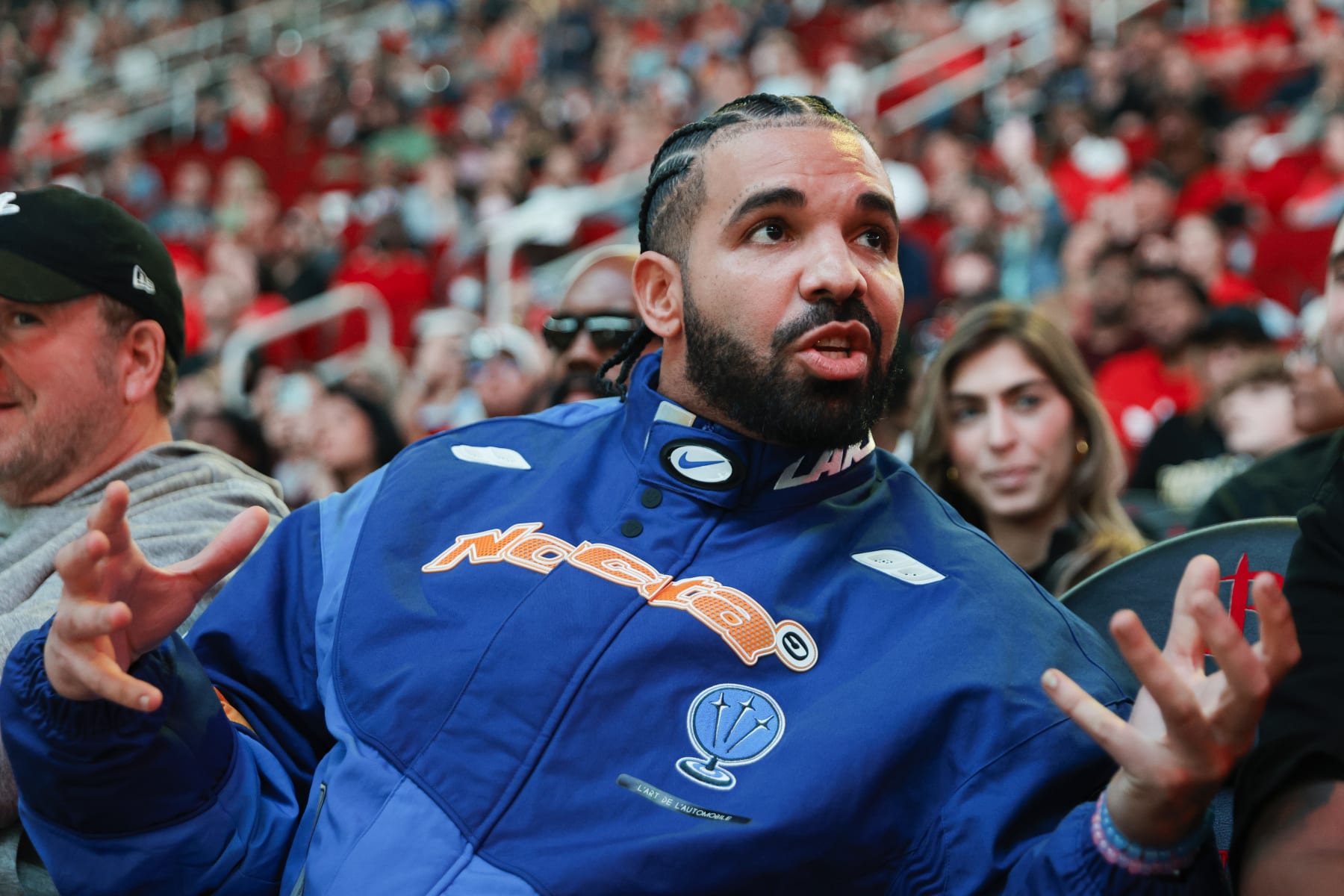 HOUSTON, TEXAS - MARCH 16: Rapper, songwriter, and icon Drake attends a game between the Houston Rockets and the Cleveland Cavaliers at Toyota Center on March 16, 2024 in Houston, Texas. NOTE TO USER: User expressly acknowledges and agrees that, by downloading and or using this photograph, User is consenting to the terms and conditions of the Getty Images License Agreement. (Photo by Carmen Mandato/Getty Images)