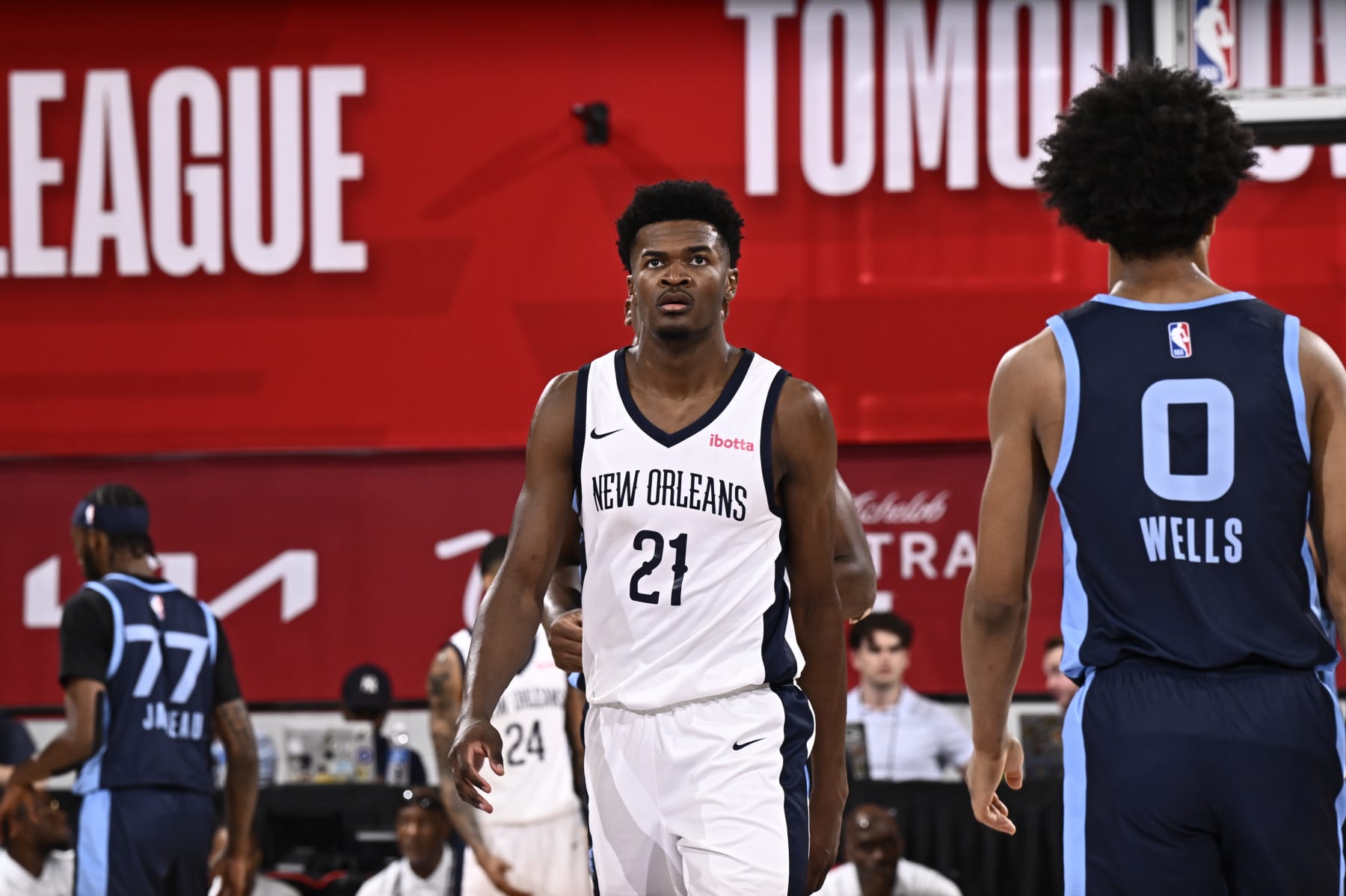 LAS VEGAS, NV - JULY 18: Yves Missi #21 of the New Orleans Pelicans looks on during the game against the Memphis Grizzlies on July 18, 2024 at the Cox Pavilion in Las Vegas, Nevada. NOTE TO USER: User expressly acknowledges and agrees that, by downloading and or using this photograph, User is consenting to the terms and conditions of the Getty Images License Agreement. Mandatory Copyright Notice: Copyright 2024 NBAE (Photo by David Dow/NBAE via Getty Images)