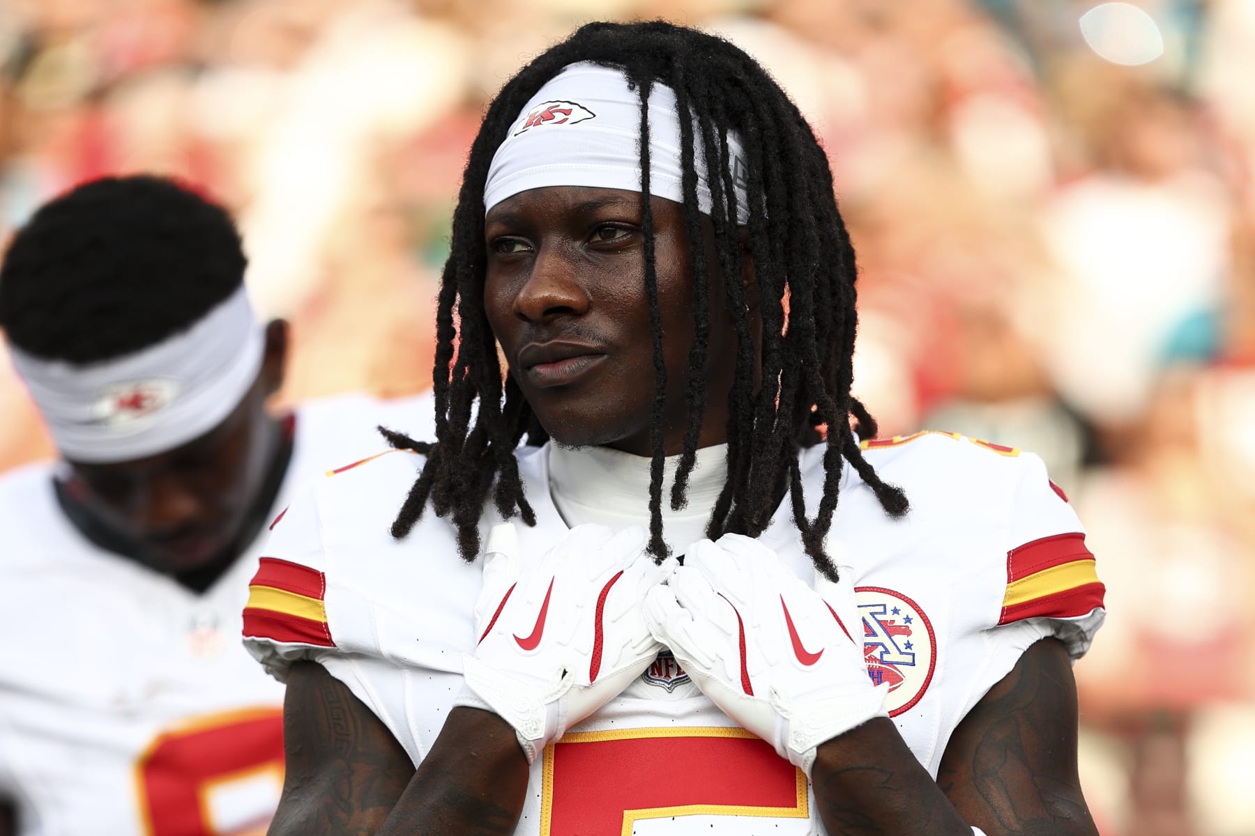 JACKSONVILLE, FL - AUGUST 10: Marquise Brown #5 of the Kansas City Chiefs stands on the sidelines prior to an NFL preseason football game against the Jacksonville Jaguars at EverBank Stadium on August 10, 2024 in Jacksonville, Florida. (Photo by Kevin Sabitus/Getty Images)