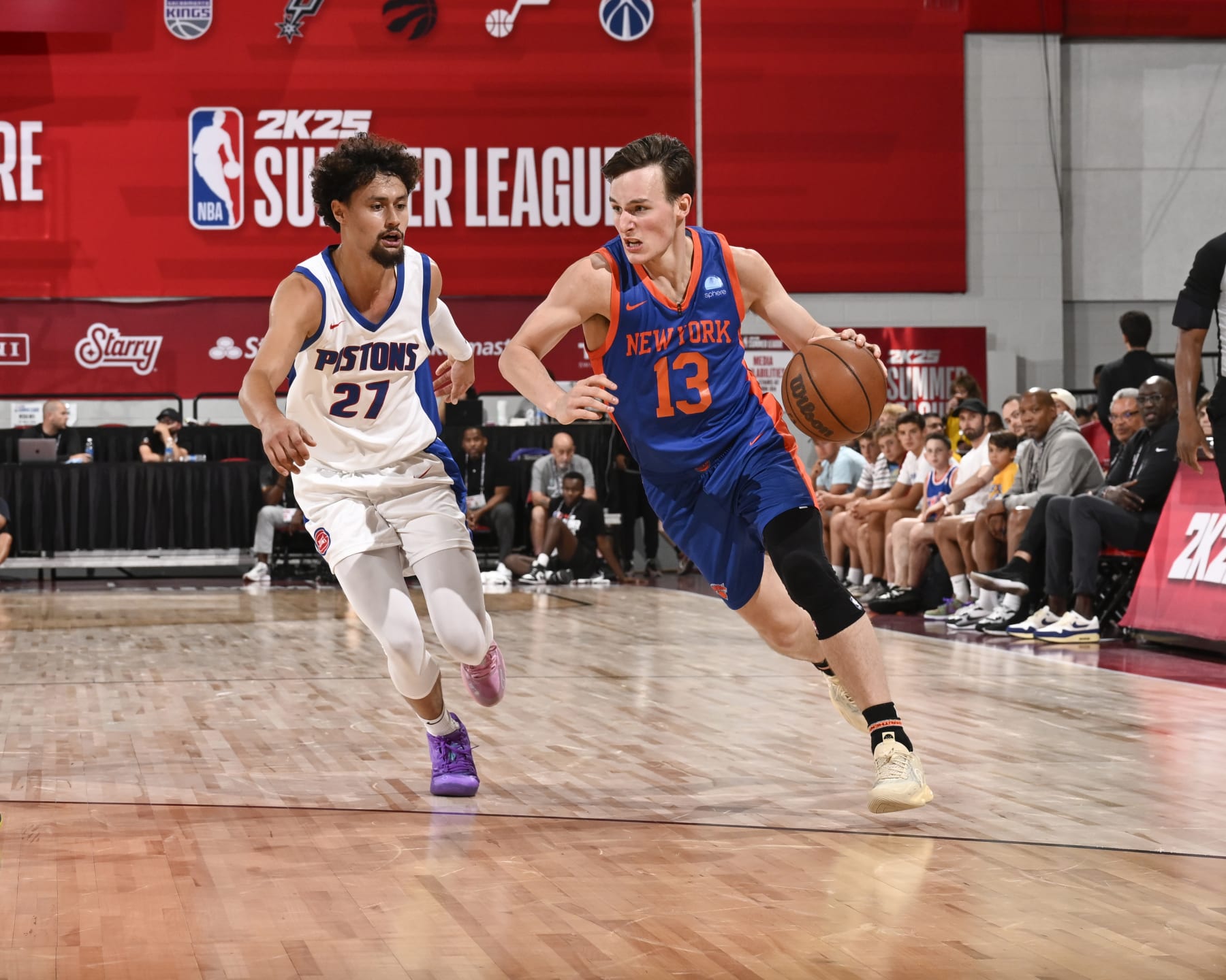 LAS VEGAS, NV - JULY 19:  Tyler Kolek #13 of the New York Knicks goes to the basket during the game on July 19, 2024 at the Cox Pavilion in Las Vegas, Nevada. NOTE TO USER: User expressly acknowledges and agrees that, by downloading and or using this photograph, User is consenting to the terms and conditions of the Getty Images License Agreement. Mandatory Copyright Notice: Copyright 2024 NBAE (Photo by David Dow/NBAE via Getty Images)