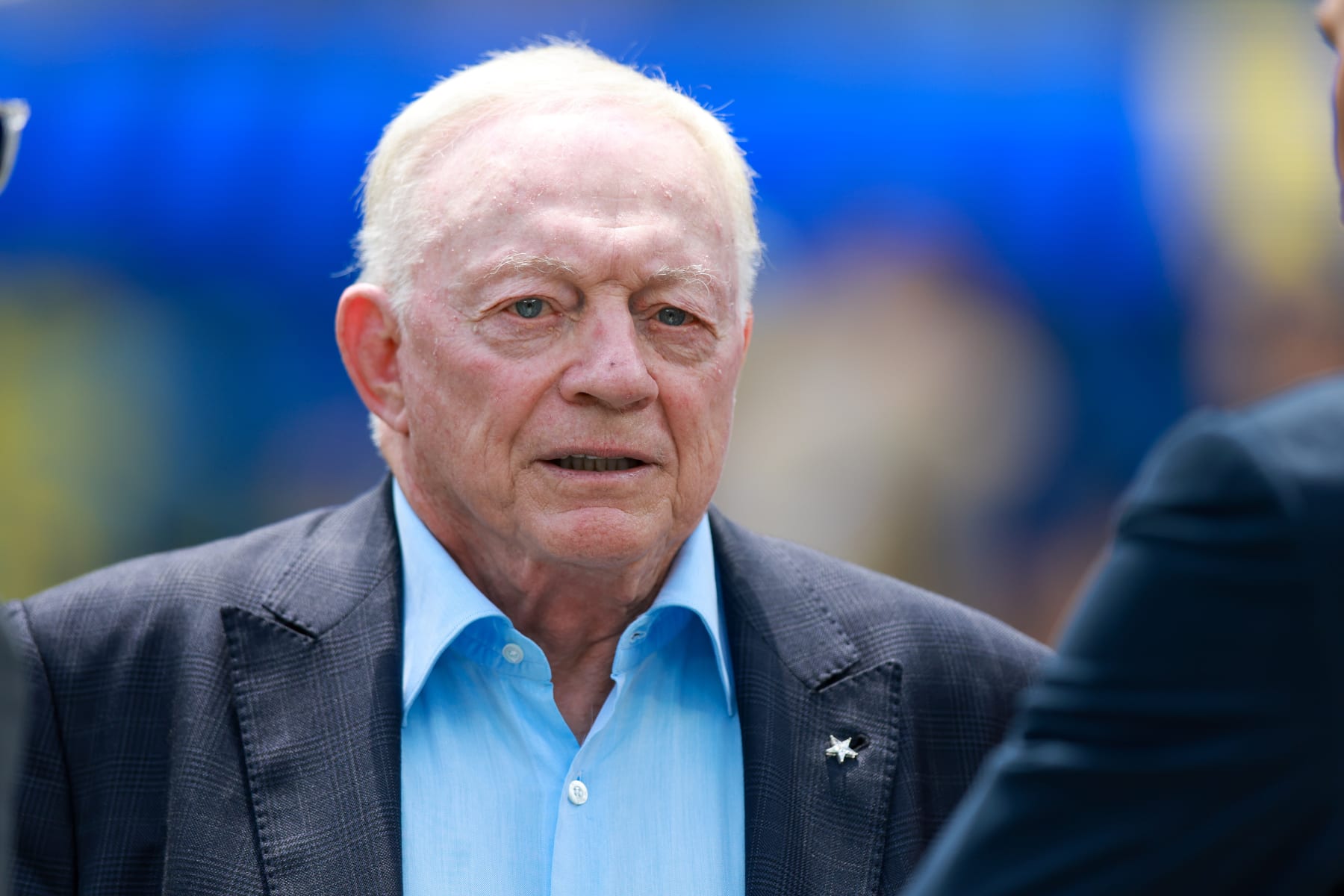 INGLEWOOD, CA - AUGUST 11: Dallas Cowboys owner Jerry Jones talks to media before the NFL preseason game between the Dallas Cowboys and the Los Angeles Rams on August 11, 2024, at SoFi Stadium in Inglewood, CA.(Photo by Jordon Kelly/Icon Sportswire via Getty Images)
