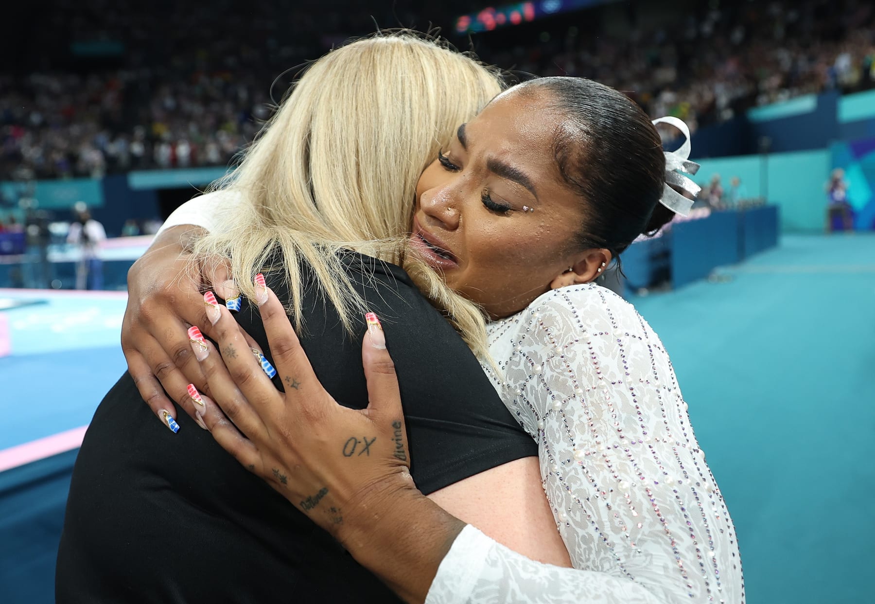 Jordan Chiles of the United States reacts after the women's floor exercise final of artistic gymnastics at the Paris 2024 Olympic Games in Paris, France, Aug. 5, 2024. (Photo by Cao Can/Xinhua via Getty Images)