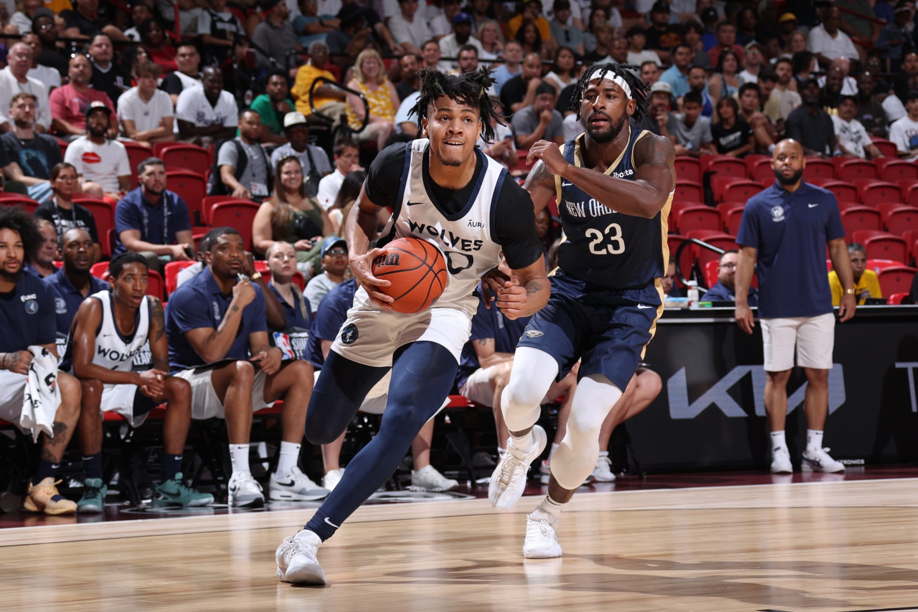 LAS VEGAS, NV - JULY 12: Terrence Shannon Jr. #00 of the Minnesota Timberwolves drives to the basket during the game against the New Orleans Pelicans on July 12, 2024 at the Thomas & Mack Center in Las Vegas, Nevada. NOTE TO USER: User expressly acknowledges and agrees that, by downloading and or using this photograph, User is consenting to the terms and conditions of the Getty Images License Agreement. Mandatory Copyright Notice: Copyright 2024 NBAE (Photo by Stephen Gosling/NBAE via Getty Images)