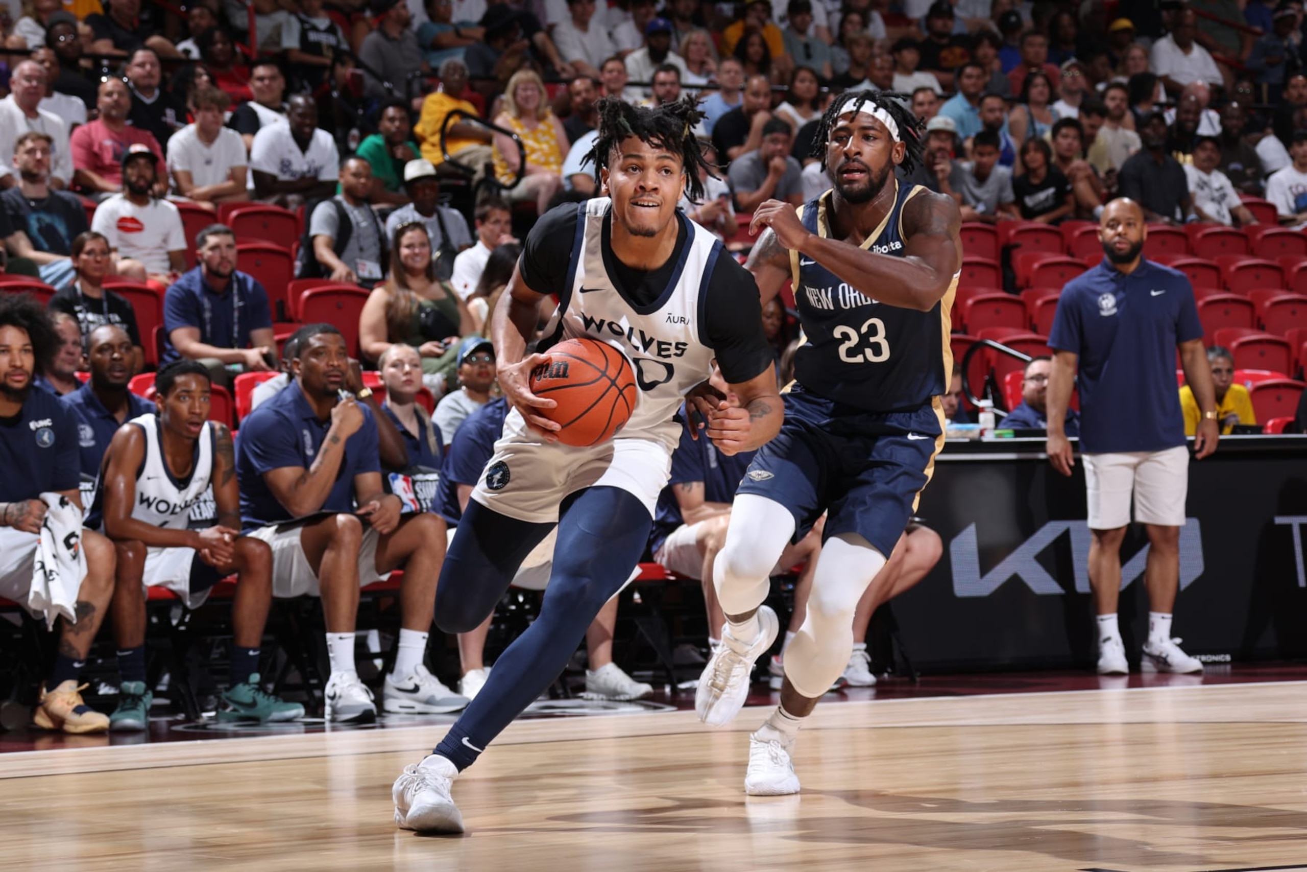 LAS VEGAS, NV - JULY 12: Terrence Shannon Jr. #00 of the Minnesota Timberwolves drives to the basket during the game against the New Orleans Pelicans on July 12, 2024 at the Thomas & Mack Center in Las Vegas, Nevada. NOTE TO USER: User expressly acknowledges and agrees that, by downloading and or using this photograph, User is consenting to the terms and conditions of the Getty Images License Agreement. Mandatory Copyright Notice: Copyright 2024 NBAE (Photo by Stephen Gosling/NBAE via Getty Images) LAS VEGAS, NV - JULY 12: Terrence Shannon Jr. #00 of the Minnesota Timberwolves drives to the basket during the game against the New Orleans Pelicans on July 12, 2024 at the Thomas & Mack Center in Las Vegas, Nevada. NOTE TO USER: User expressly acknowledges and agrees that, by downloading and or using this photograph, User is consenting to the terms and conditions of the Getty Images License Agreement. Mandatory Copyright Notice: Copyright 2024 NBAE (Photo by Stephen Gosling/NBAE via Getty Images)