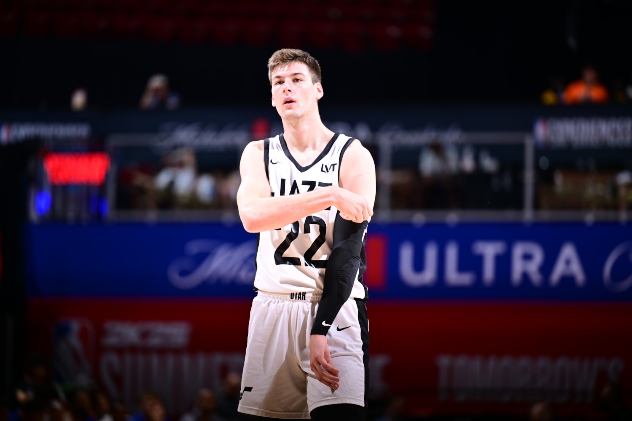 LAS VEGAS, NV - JULY 21: Kyle Filipowski #22 of the Utah Jazz looks on during the game against the Detroit Pistons on July 21, 2024 at the Thomas & Mack Center in Las Vegas, Nevada. NOTE TO USER: User expressly acknowledges and agrees that, by downloading and or using this photograph, User is consenting to the terms and conditions of the Getty Images License Agreement. Mandatory Copyright Notice: Copyright 2024 NBAE (Photo by Adam Hagy/NBAE via Getty Images)
