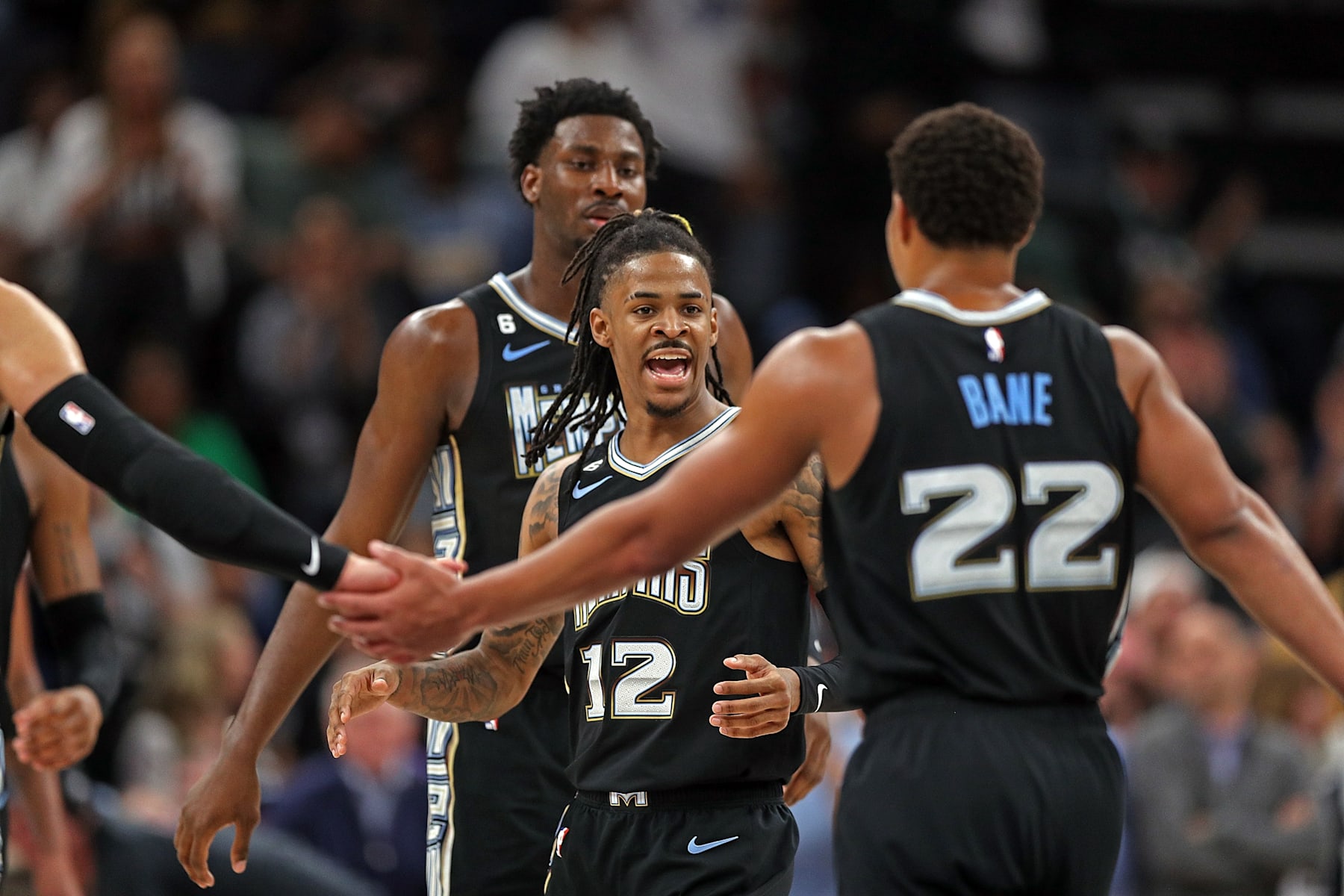 MEMPHIS, TENNESSEE - FEBRUARY 28: Ja Morant #12 of the Memphis Grizzlies reacts during the second half against the Los Angeles Lakers at FedExForum on February 28, 2023 in Memphis, Tennessee. NOTE TO USER: User expressly acknowledges and agrees that, by downloading and or using this photograph, User is consenting to the terms and conditions of the Getty Images License Agreement. (Photo by Justin Ford/Getty Images)