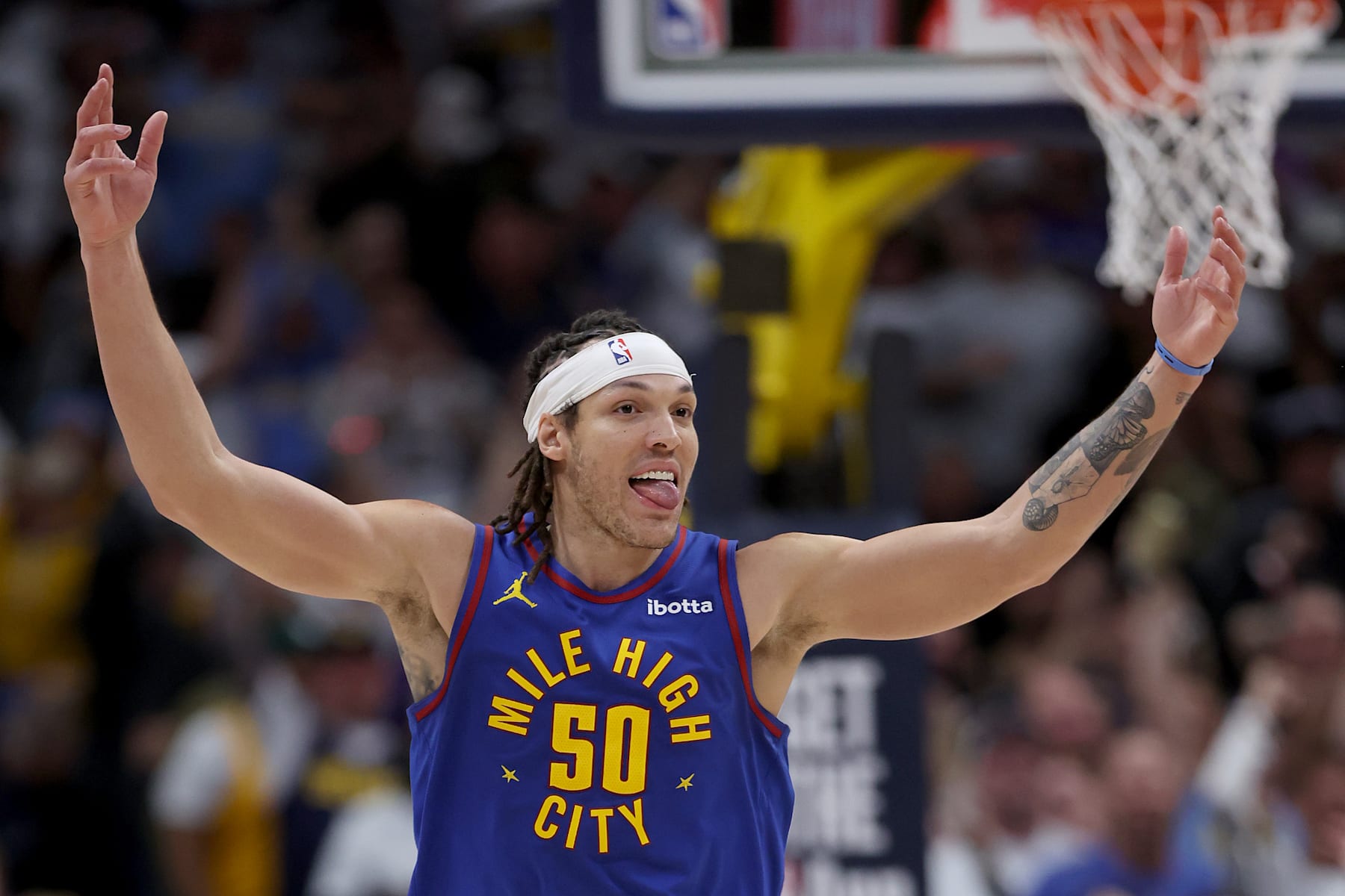 DENVER, COLORADO - APRIL 20: Aaron Gordon #50 of the Denver Nuggets celebrates against the Los Angeles Lakers in the fourth quarter during game one of the Western Conference First Round Playoffs at Ball Arena on April 20, 2024 in Denver, Colorado.  NOTE TO USER: User expressly acknowledges and agrees that, by downloading and or using this photograph, User is consenting to the terms and conditions of the Getty Images License Agreement. (Photo by Matthew Stockman/Getty Images)