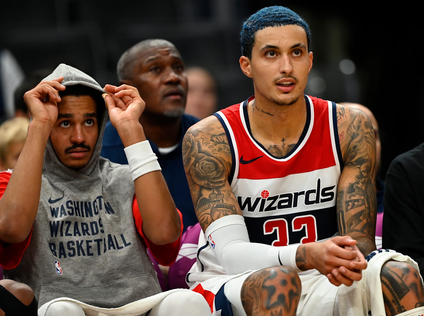 WASHINGTON, DC - OCTOBER 10: Washington Wizards guard Jordan Poole (13), left, and Washington Wizards forward Kyle Kuzma (33) during a preseason game between the Washington Wizards and the Australian team CairnsTaipans at Capital One Arena in Washington, DC on October 10, 2023. (Photo by John McDonnell/The Washington Post via Getty Images)