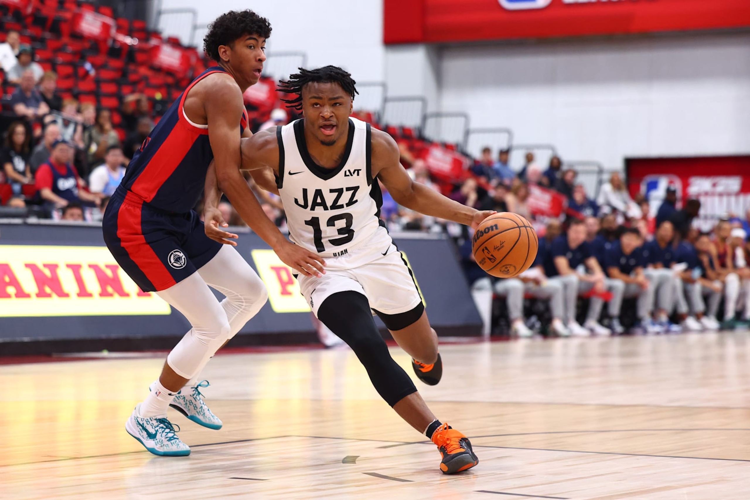 LAS VEGAS, NV - JULY 18: Isaiah Collier #13 of the Utah Jazz drives to the basket during the game against the LA Clippers on July 18, 2024 at the Thomas & Mack Center in Las Vegas, Nevada. NOTE TO USER: User expressly acknowledges and agrees that, by downloading and or using this photograph, User is consenting to the terms and conditions of the Getty Images License Agreement. Mandatory Copyright Notice: Copyright 2024 NBAE (Photo by Mike Kirschbaum/NBAE via Getty Images) LAS VEGAS, NV - JULY 18: Isaiah Collier #13 of the Utah Jazz drives to the basket during the game against the LA Clippers on July 18, 2024 at the Thomas & Mack Center in Las Vegas, Nevada. NOTE TO USER: User expressly acknowledges and agrees that, by downloading and or using this photograph, User is consenting to the terms and conditions of the Getty Images License Agreement. Mandatory Copyright Notice: Copyright 2024 NBAE (Photo by Mike Kirschbaum/NBAE via Getty Images)