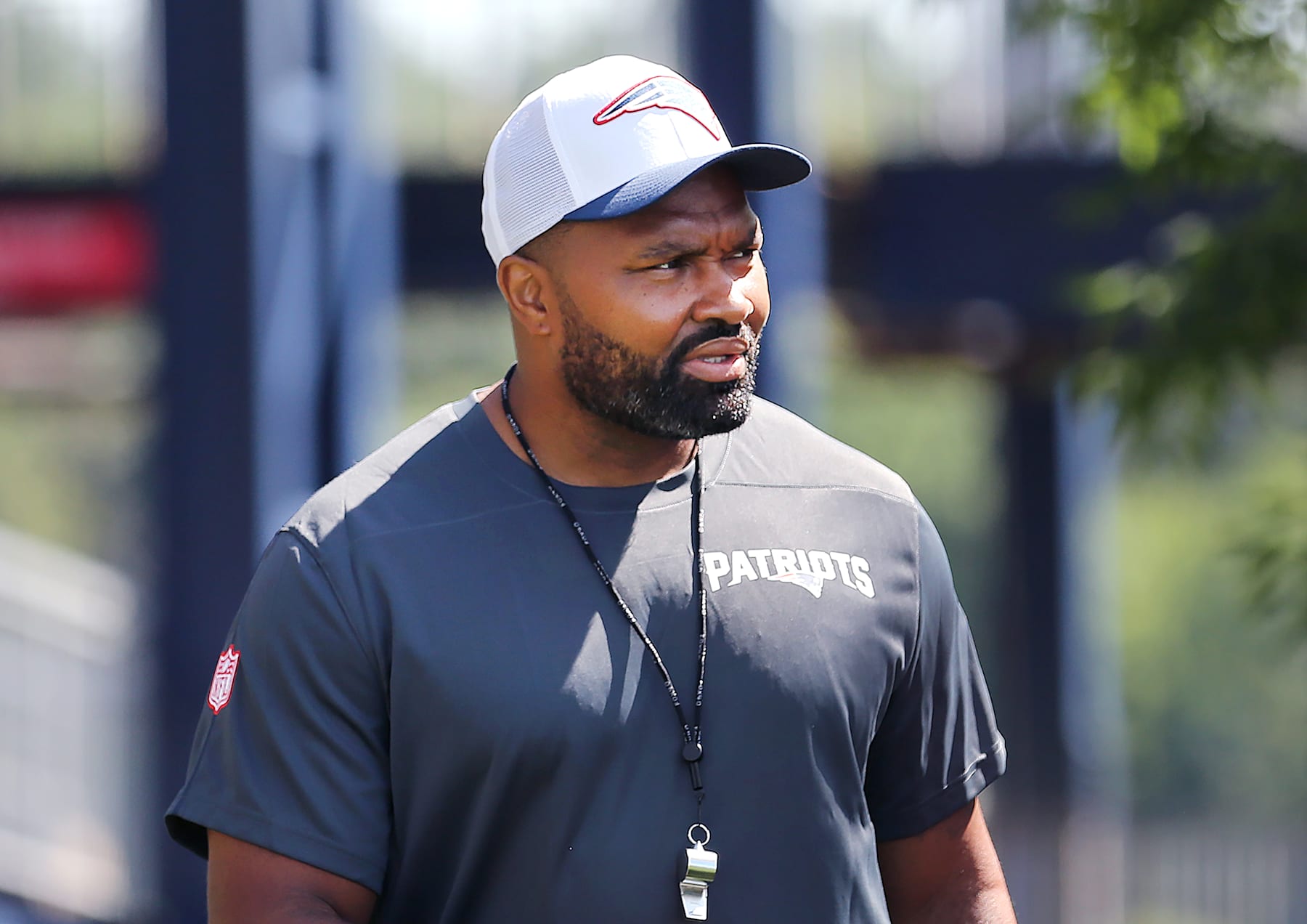 Foxborough, MA - July 26: New England Patriots head coach Jerod Mayo heads out onto the practice field. (Photo by John Tlumacki/The Boston Globe via Getty Images)
