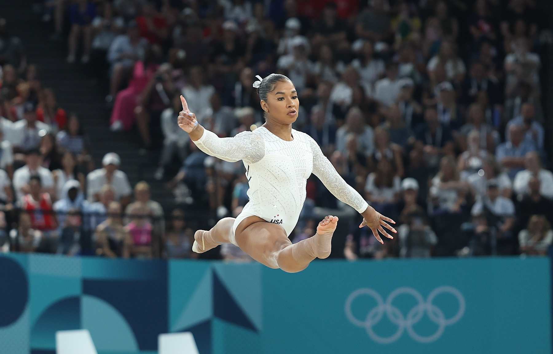 Jordan Chiles of the United States competes during the women's floor exercise final of artistic gymnastics at the Paris 2024 Olympic Games in Paris, France, Aug. 5, 2024. (Photo by Cao Can/Xinhua via Getty Images)