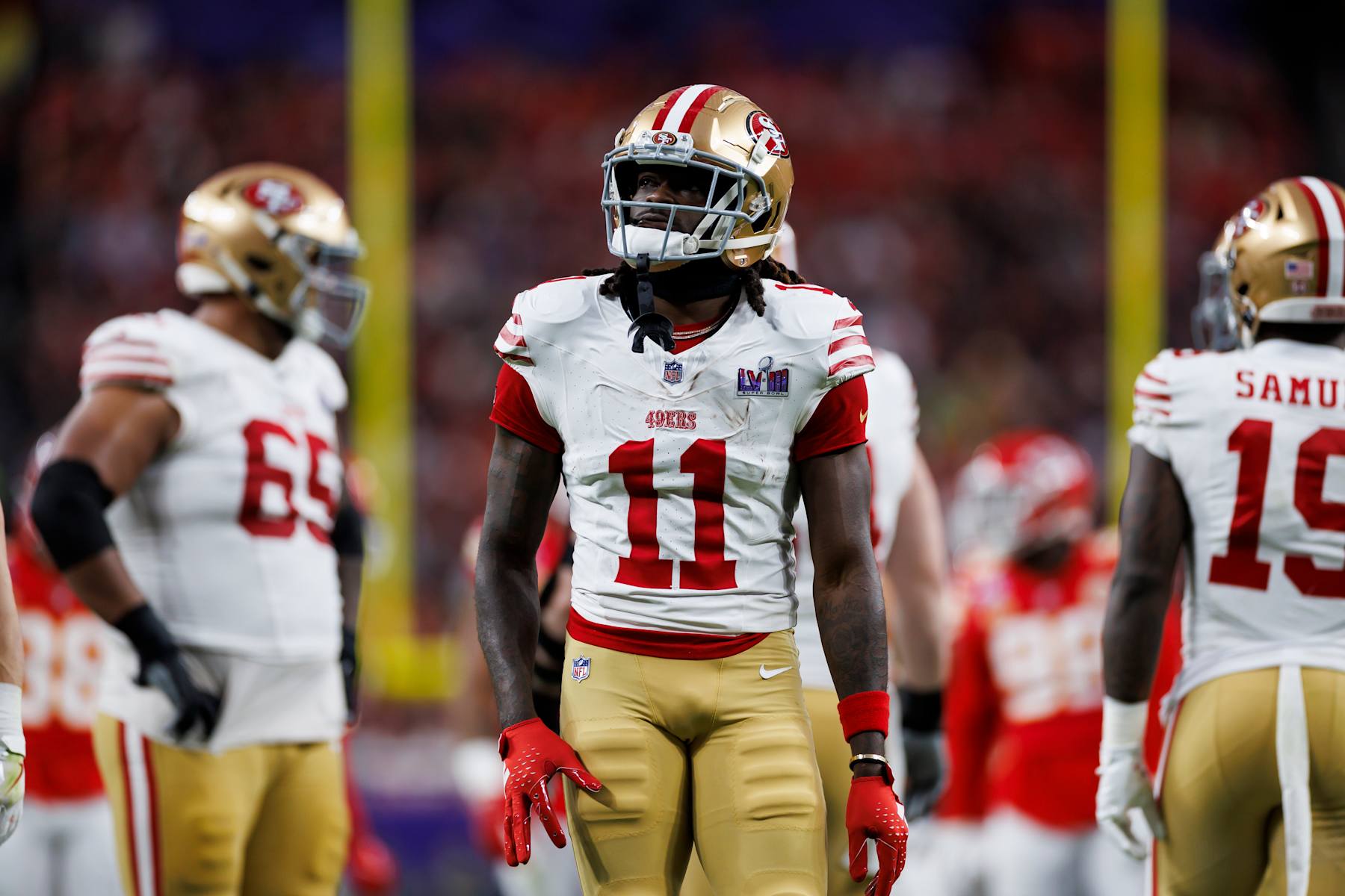 LAS VEGAS, NEVADA - FEBRUARY 11: Brandon Aiyuk #11 of the San Francisco 49ers looks on during Super Bowl LVIII against the Kansas City Chiefs at Allegiant Stadium on February 11, 2024 in Las Vegas, Nevada. (Photo by Ryan Kang/Getty Images)