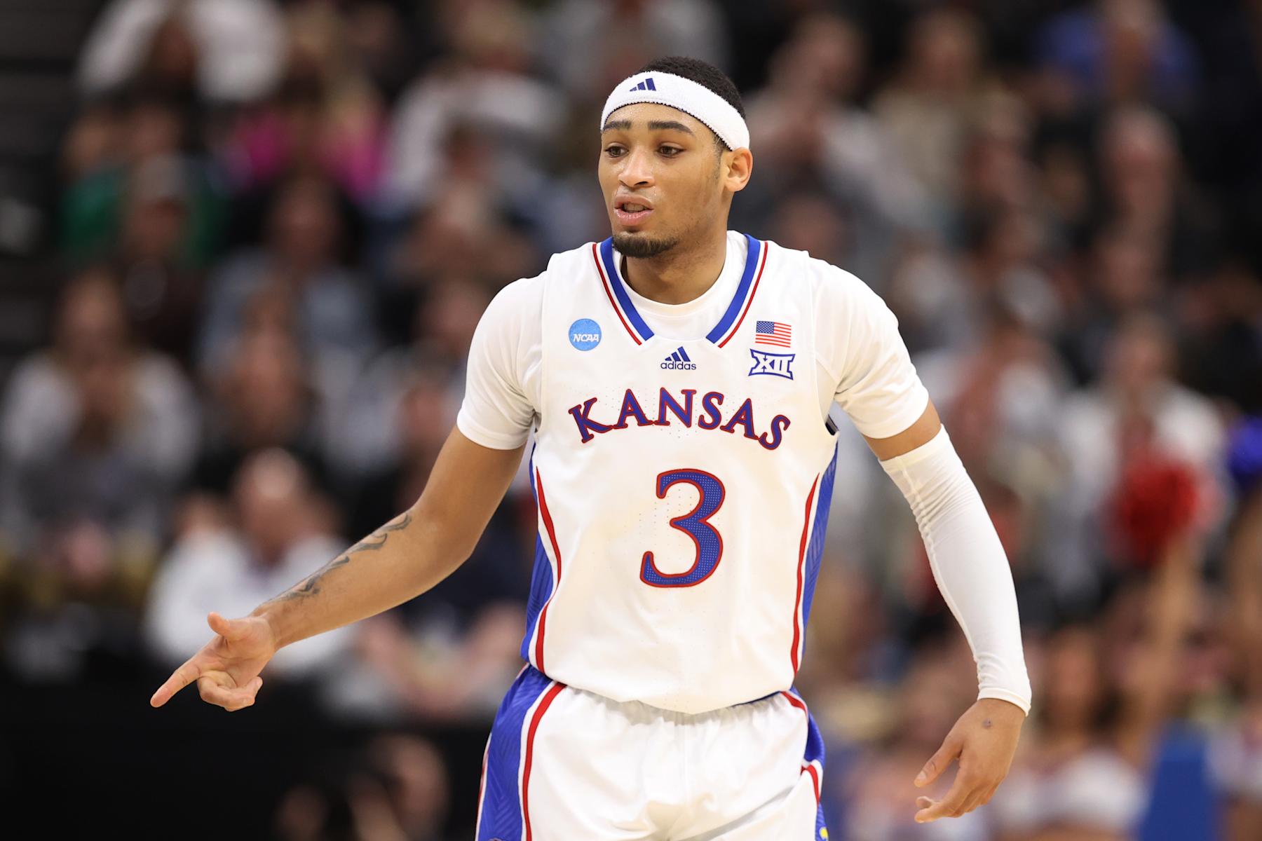 SALT LAKE CITY, UTAH - MARCH 23: Dajuan Harris Jr. #3 of the Kansas Jayhawks reacts during the first half against the Gonzaga Bulldogs in the second round of the NCAA Men's Basketball Tournament at Delta Center on March 23, 2024 in Salt Lake City, Utah. (Photo by Christian Petersen/Getty Images)