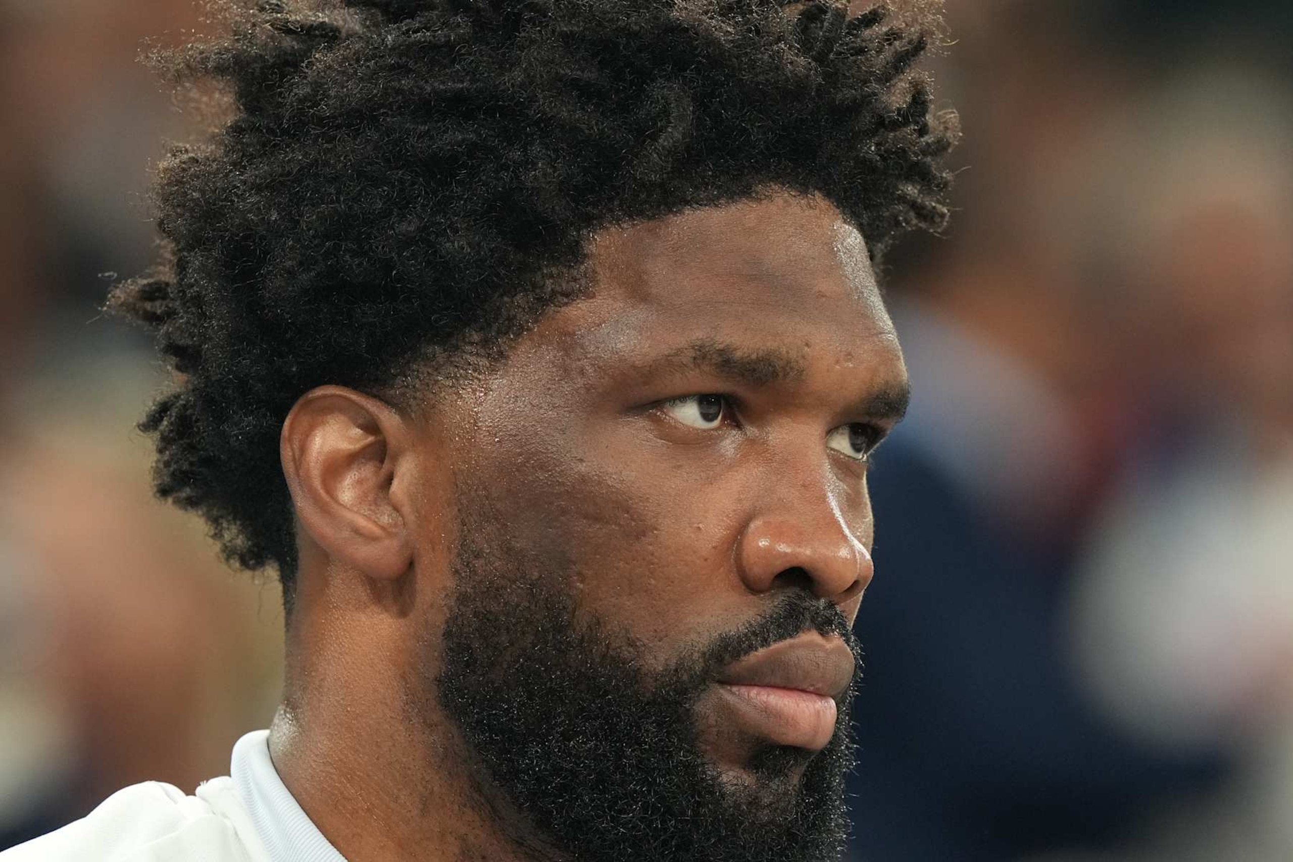 Basketball: 2024 Summer Olympics: Closeup of Team USA Joel Embiid on the court before Gold Medal Game vs France at Bercy Arena.
Paris, France 8/10/2024
CREDIT: Erick W. Rasco (Photo by Erick W. Rasco /Sports Illustrated via Getty Images) 
(Set Number: X164583 TK1)