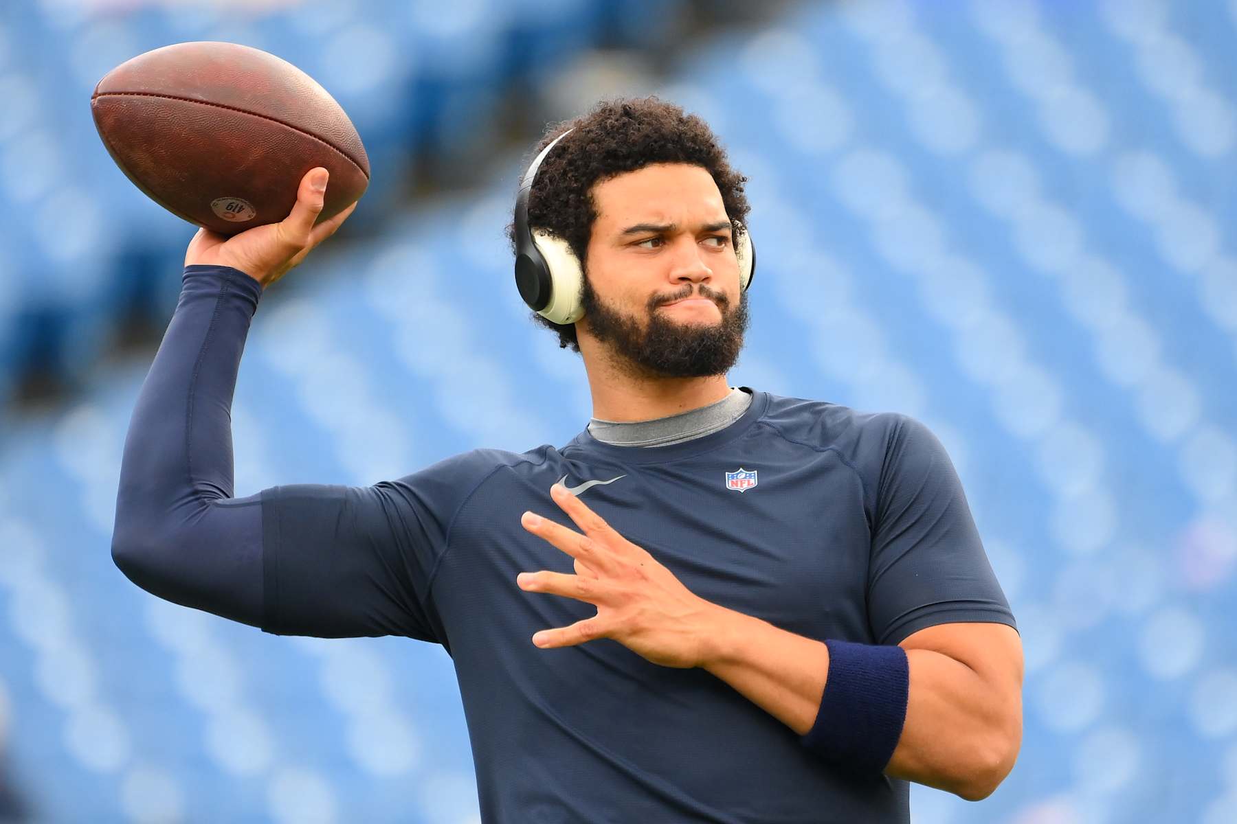 ORCHARD PARK, NEW YORK - AUGUST 10: Caleb Williams #18 of the Chicago Bears passes the ball prior to a preseason game against the Buffalo Bills at Highmark Stadium on August 10, 2024 in Orchard Park, New York. (Photo by Rich Barnes/Getty Images)