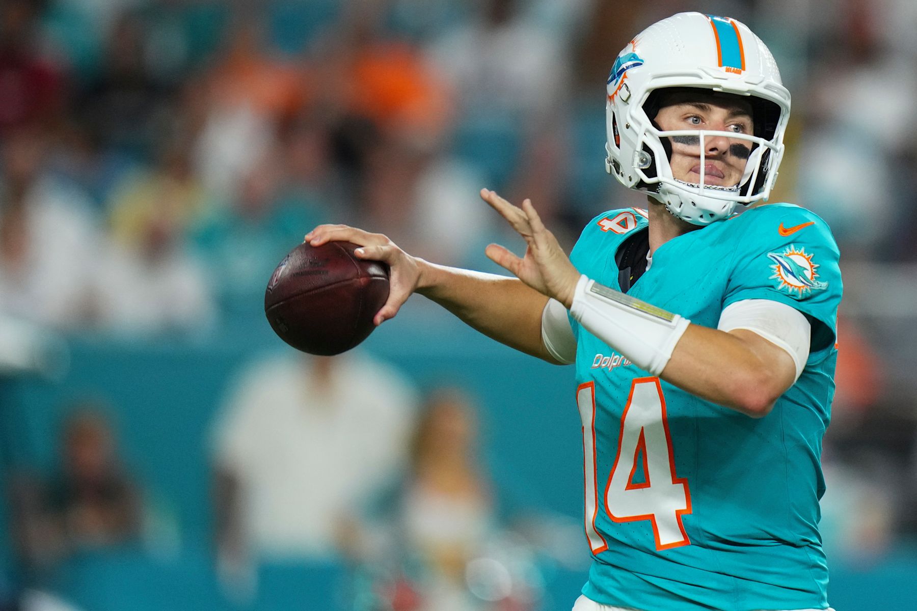 MIAMI GARDENS, FLORIDA - AUGUST 09: Mike White #14 of the Miami Dolphins throws a pass against the Atlanta Falcons during the third quarter in a preseason game at Hard Rock Stadium on August 09, 2024 in Miami Gardens, Florida. (Photo by Rich Storry/Getty Images)