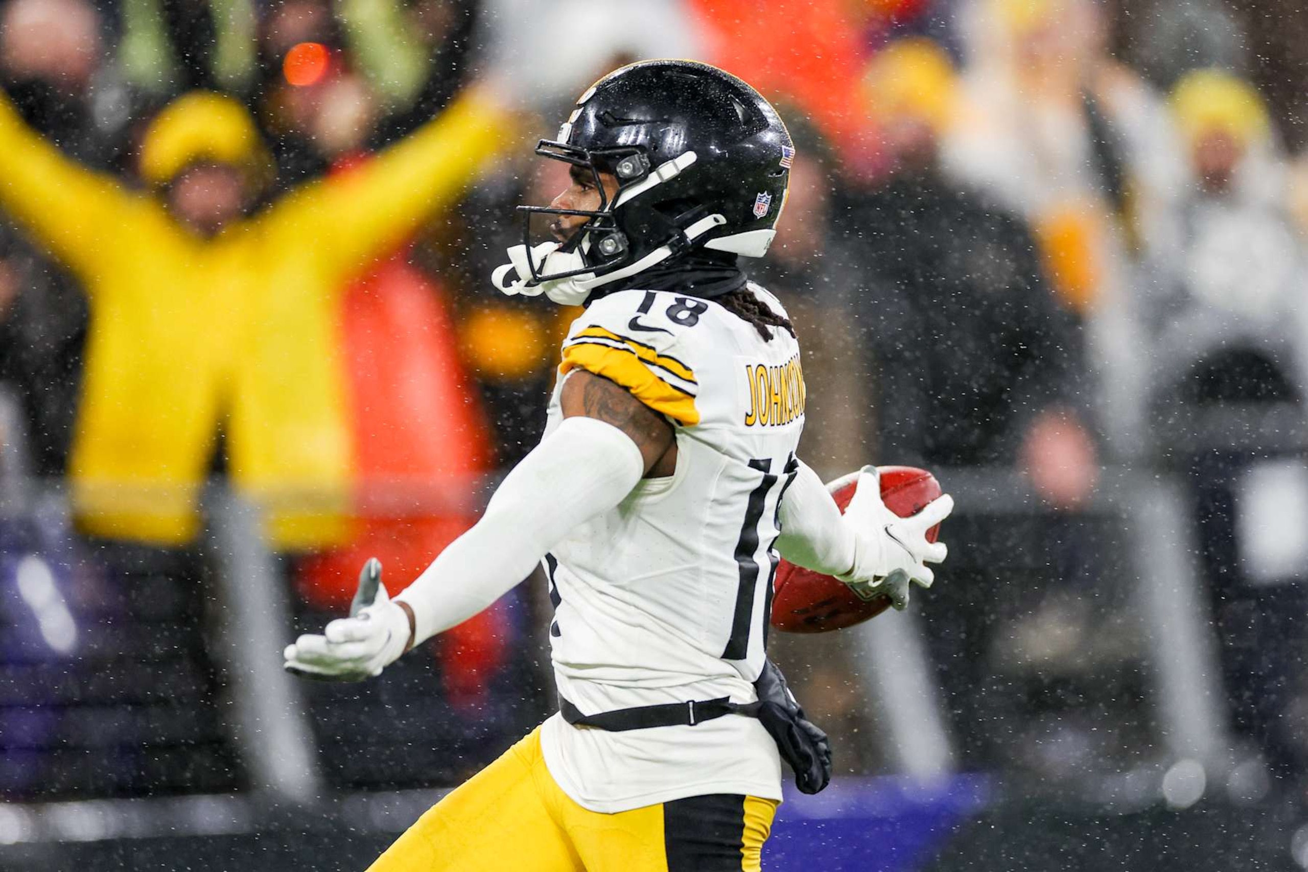 BALTIMORE, MARYLAND - JANUARY 06: Diontae Johnson #18 of the Pittsburgh Steelers reacts after scoring a touchdown in the fourth quarter of a game against the Baltimore Ravens at M&T Bank Stadium on January 06, 2024 in Baltimore, Maryland. (Photo by Patrick Smith/Getty Images) BALTIMORE, MARYLAND - JANUARY 06: Diontae Johnson #18 of the Pittsburgh Steelers reacts after scoring a touchdown in the fourth quarter of a game against the Baltimore Ravens at M&T Bank Stadium on January 06, 2024 in Baltimore, Maryland. (Photo by Patrick Smith/Getty Images)