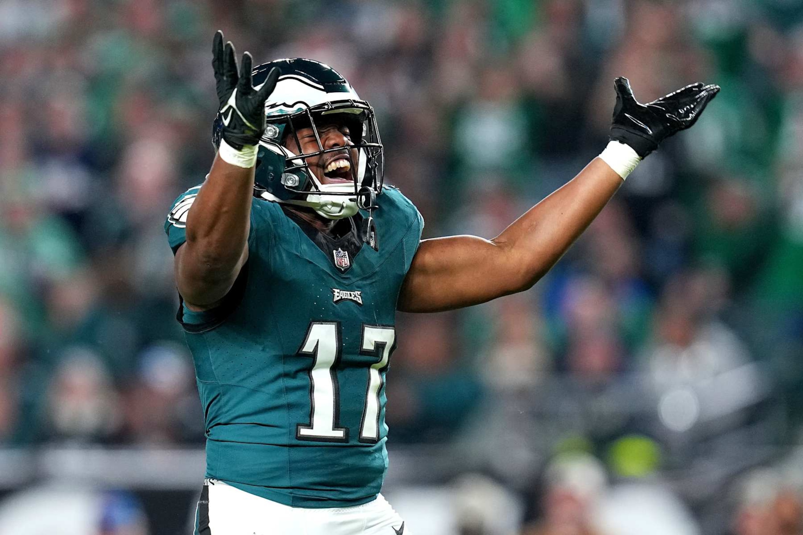 PHILADELPHIA, PENNSYLVANIA - NOVEMBER 05: Nakobe Dean #17 of the Philadelphia Eagles reacts during the second quarter in the game against the Dallas Cowboys at Lincoln Financial Field on November 05, 2023 in Philadelphia, Pennsylvania. (Photo by Mitchell Leff/Getty Images)