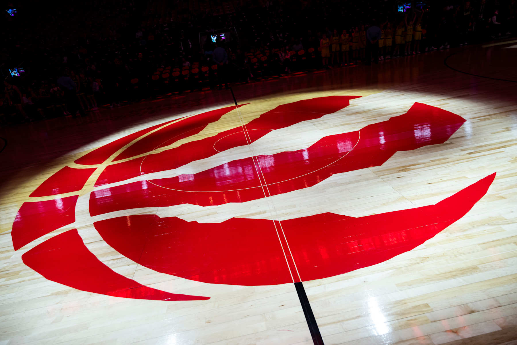 TORONTO, ON - MARCH 25: A Raptors logo is seen on the court head of the NBA basketball game between the Toronto Raptors and the Brooklyn Nets at the Scotiabank Arena on March 25, 2024 in Toronto, Ontario, Canada. NOTE TO USER: User expressly acknowledges and agrees that, by downloading and/or using this Photograph, user is consenting to the terms and conditions of the Getty Images License Agreement. (Photo by Mark Blinch/Getty Images)