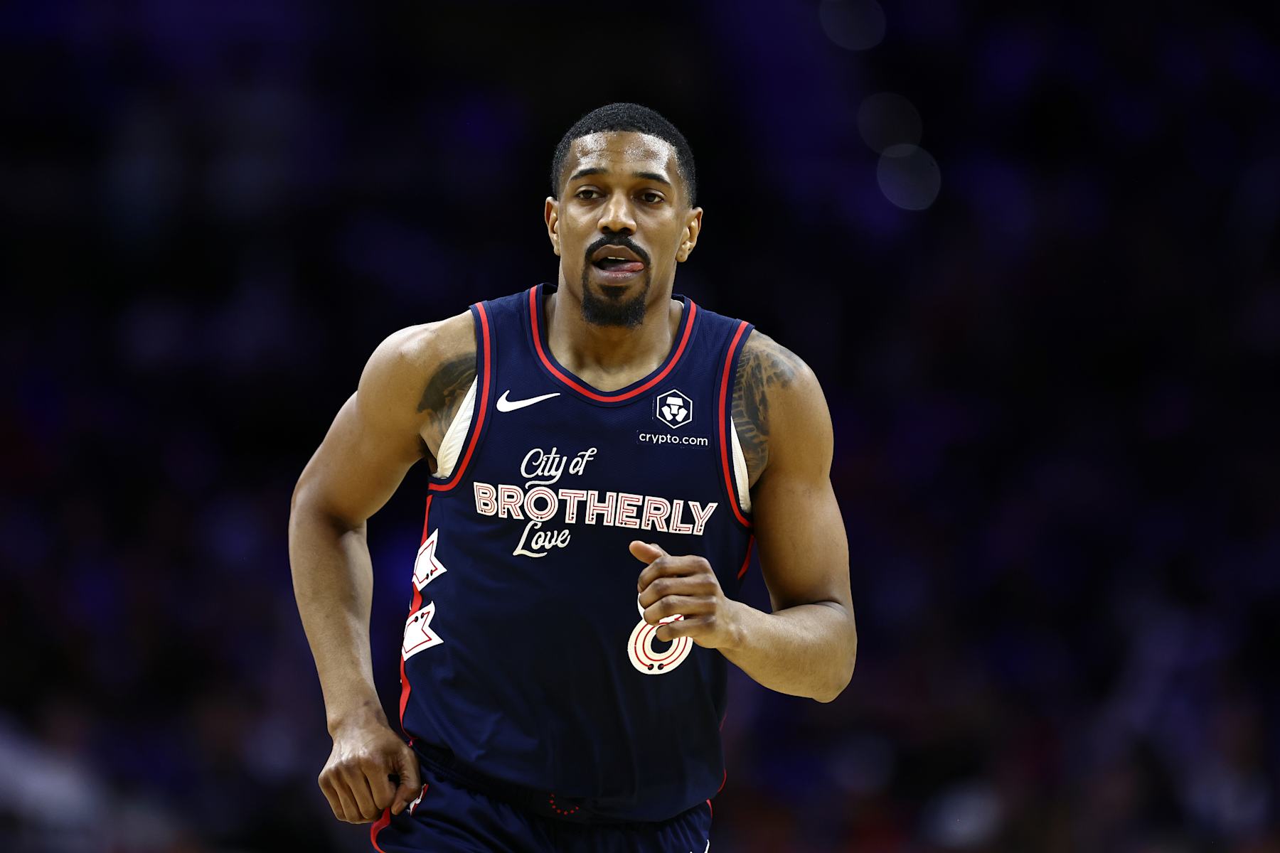 PHILADELPHIA, PENNSYLVANIA - APRIL 09: De'Anthony Melton #8 of the Philadelphia 76ers looks on during the fourth quarter against the Detroit Pistons at the Wells Fargo Center on April 09, 2024 in Philadelphia, Pennsylvania. (Photo by Tim Nwachukwu/Getty Images)