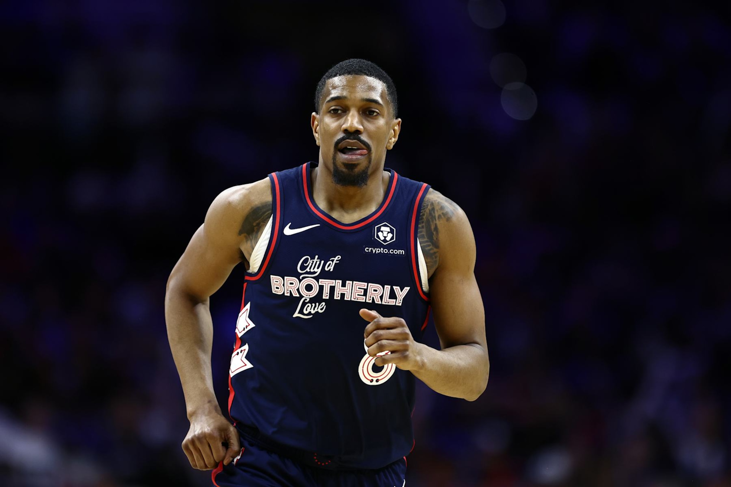PHILADELPHIA, PENNSYLVANIA - APRIL 09: De'Anthony Melton #8 of the Philadelphia 76ers looks on during the fourth quarter against the Detroit Pistons at the Wells Fargo Center on April 09, 2024 in Philadelphia, Pennsylvania. (Photo by Tim Nwachukwu/Getty Images)