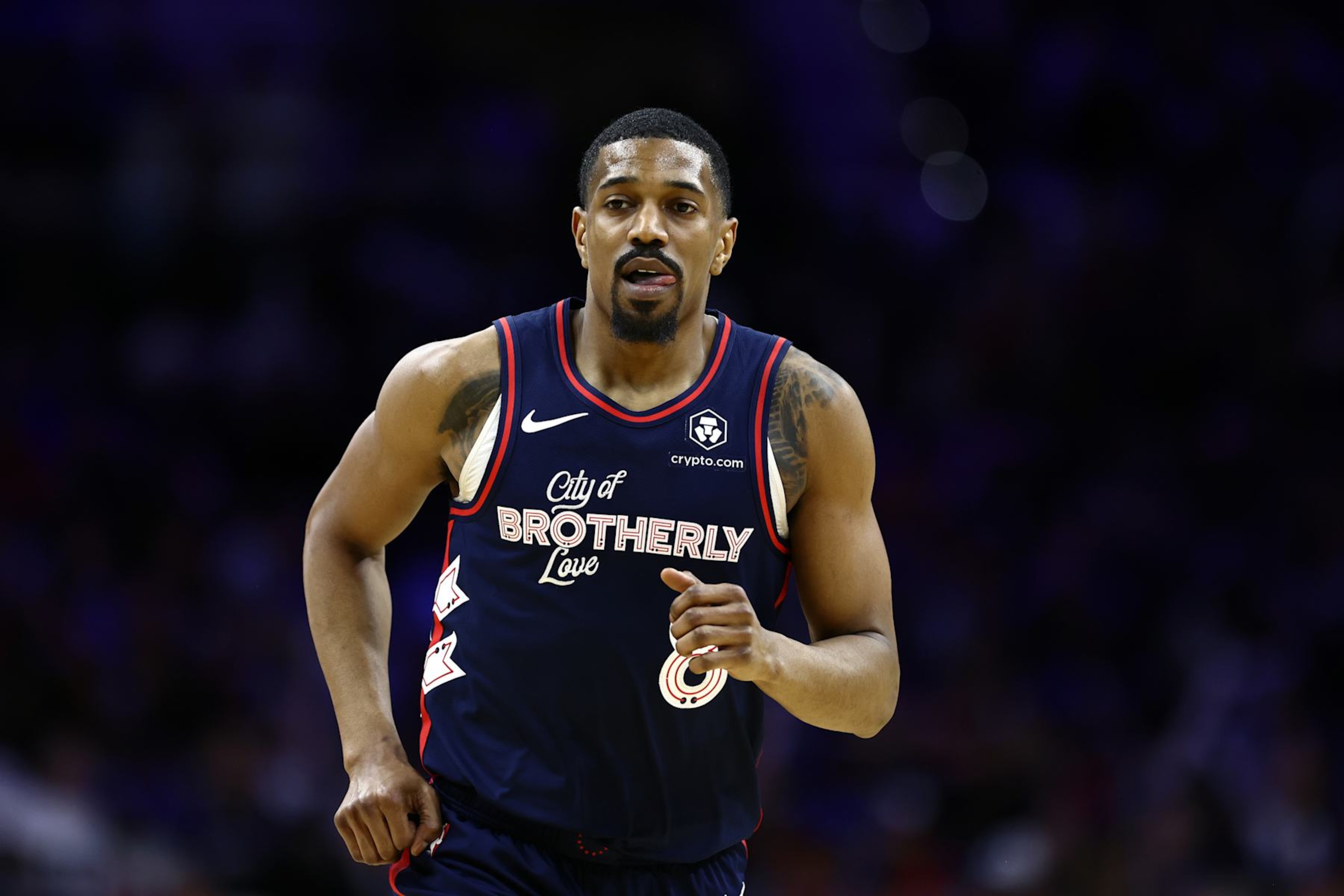 PHILADELPHIA, PENNSYLVANIA - APRIL 09: De'Anthony Melton #8 of the Philadelphia 76ers looks on during the fourth quarter against the Detroit Pistons at the Wells Fargo Center on April 09, 2024 in Philadelphia, Pennsylvania. (Photo by Tim Nwachukwu/Getty Images)