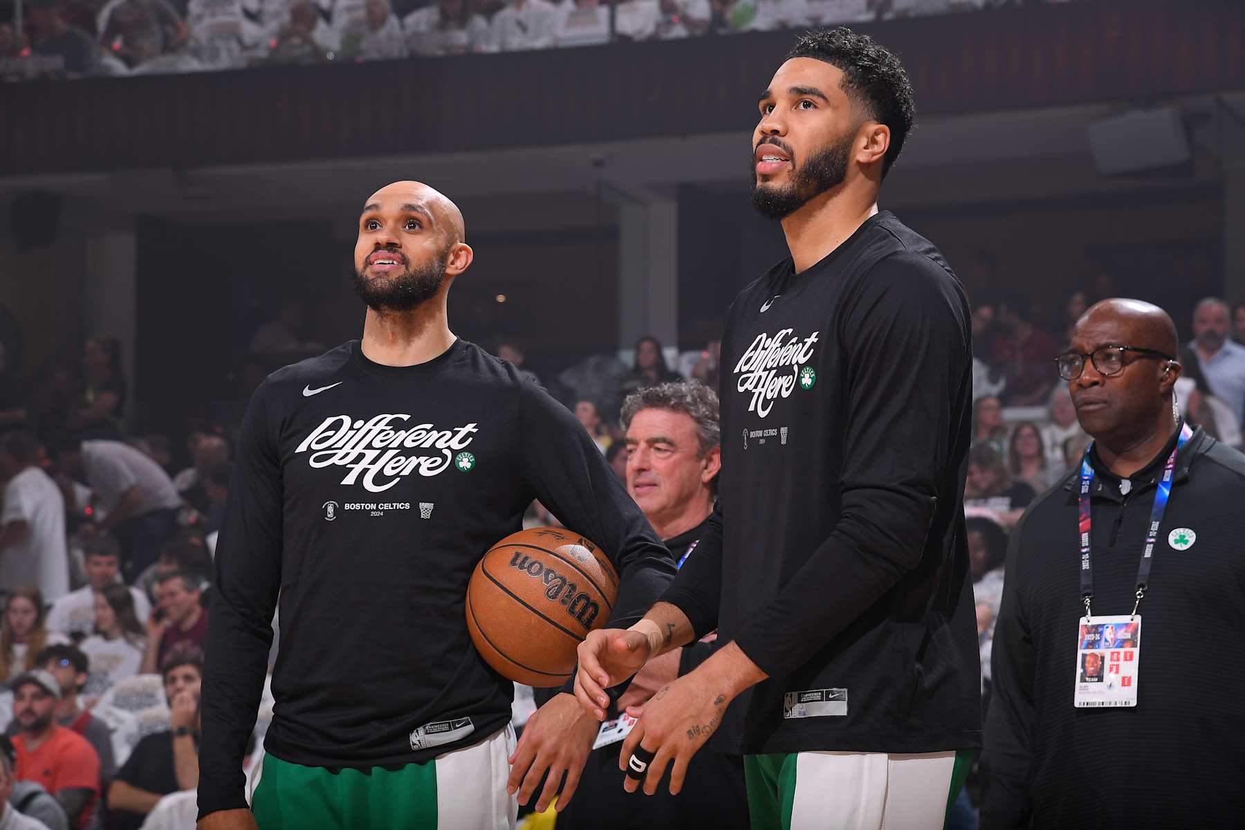CLEVELAND, OH - MAY 13: Jayson Tatum #0 and Derrick White #9 of the Boston Celtics look on before the game against the Cleveland Cavaliers during Round 2 Game 4 of the 2024 NBA Playoffs on May 13, 2024 at Rocket Mortgage FieldHouse in Cleveland, Ohio. NOTE TO USER: User expressly acknowledges and agrees that, by downloading and/or using this Photograph, user is consenting to the terms and conditions of the Getty Images License Agreement. Mandatory Copyright Notice: Copyright 2024 NBAE (Photo by Brian Babineau/NBAE via Getty Images)