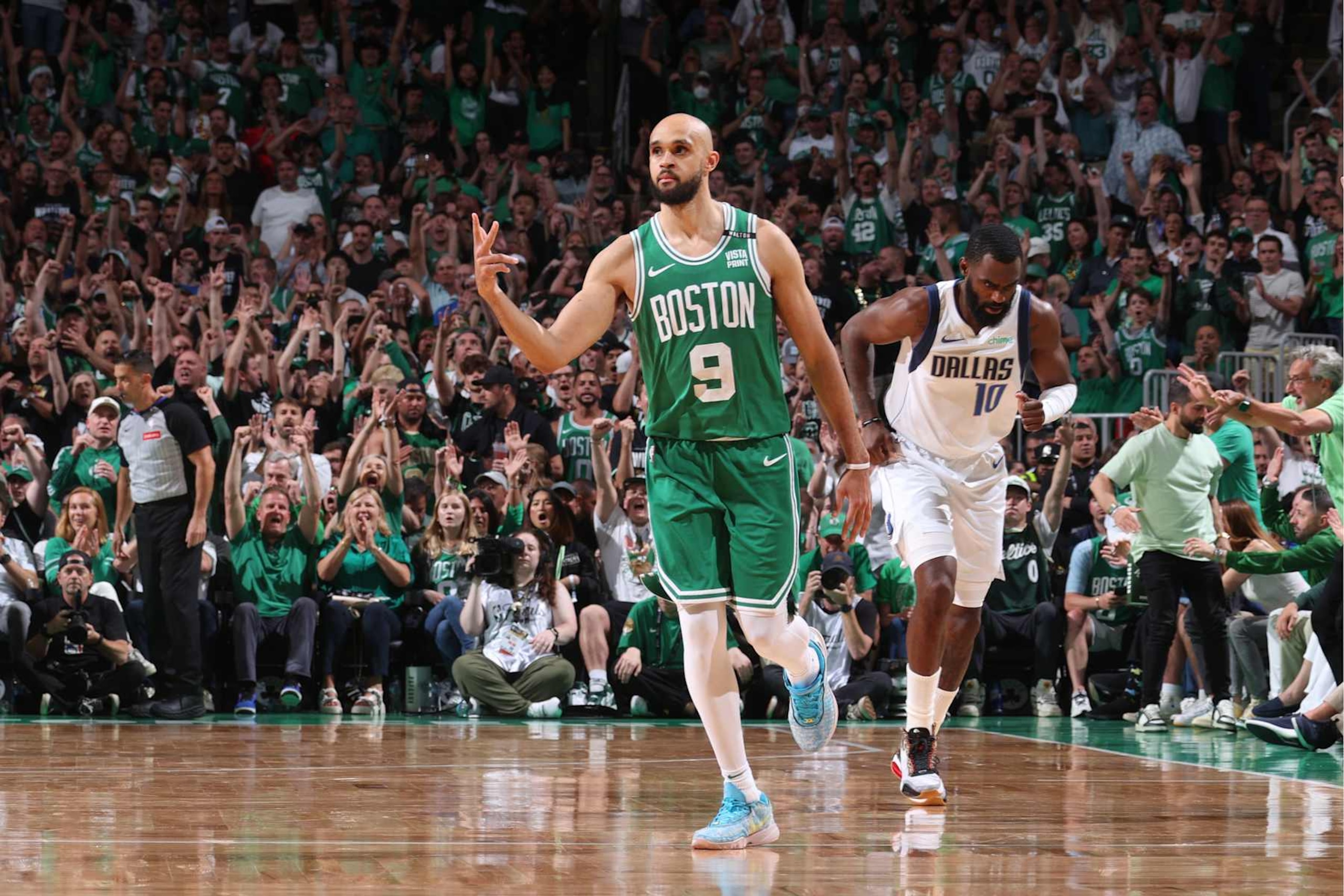 BOSTON, MA - JUNE 17: Derrick White #9 of the Boston Celtics celebrates during the game against the Dallas Mavericks during Game 5 of the 2024 NBA Finals on June 17, 2024 at the TD Garden in Boston, Massachusetts. NOTE TO USER: User expressly acknowledges and agrees that, by downloading and or using this photograph, User is consenting to the terms and conditions of the Getty Images License Agreement. Mandatory Copyright Notice: Copyright 2024 NBAE  (Photo by Nathaniel S. Butler/NBAE via Getty Images)
