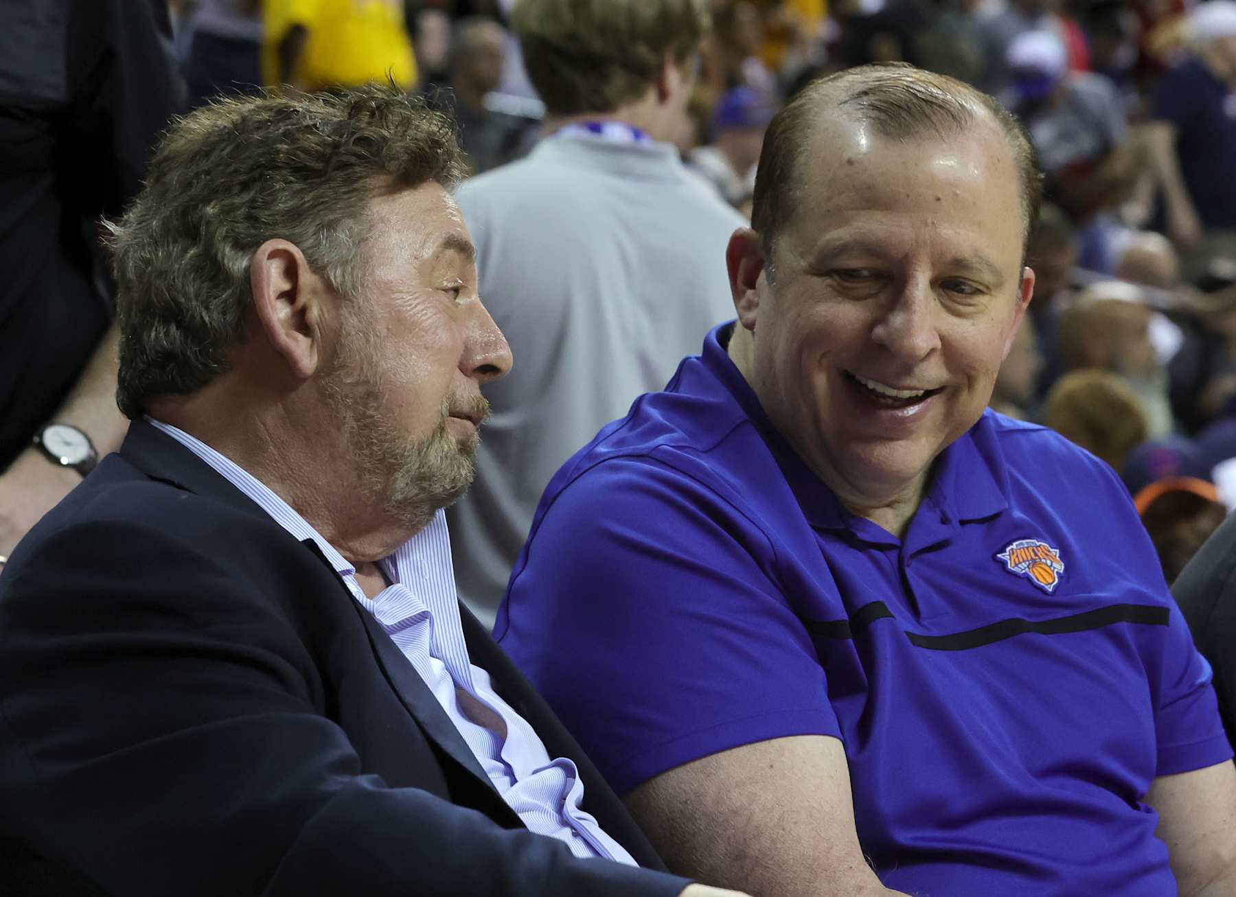 LAS VEGAS, NEVADA - JULY 08: Owner James Dolan (L) and head coach Tom Thibodeau of the New York Knicks attend the 2022 NBA Summer League at the Thomas & Mack Center on July 08, 2022 in Las Vegas, Nevada. NOTE TO USER: User expressly acknowledges and agrees that, by downloading and or using this photograph, User is consenting to the terms and conditions of the Getty Images License Agreement. (Photo by Ethan Miller/Getty Images)
