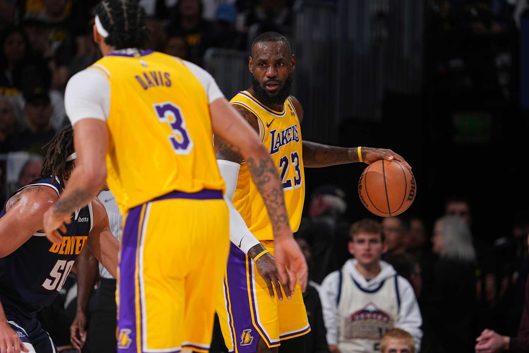DENVER, CO - APRIL 29: LeBron James #23 of the Los Angeles Lakers handles the ball during the game against the Denver Nuggets during Round One Game Five of the 2024 NBA Playoffs on April 29, 2024 at the Ball Arena in Denver, Colorado. NOTE TO USER: User expressly acknowledges and agrees that, by downloading and/or using this Photograph, user is consenting to the terms and conditions of the Getty Images License Agreement. Mandatory Copyright Notice: Copyright 2024 NBAE (Photo by Bart Young/NBAE via Getty Images)