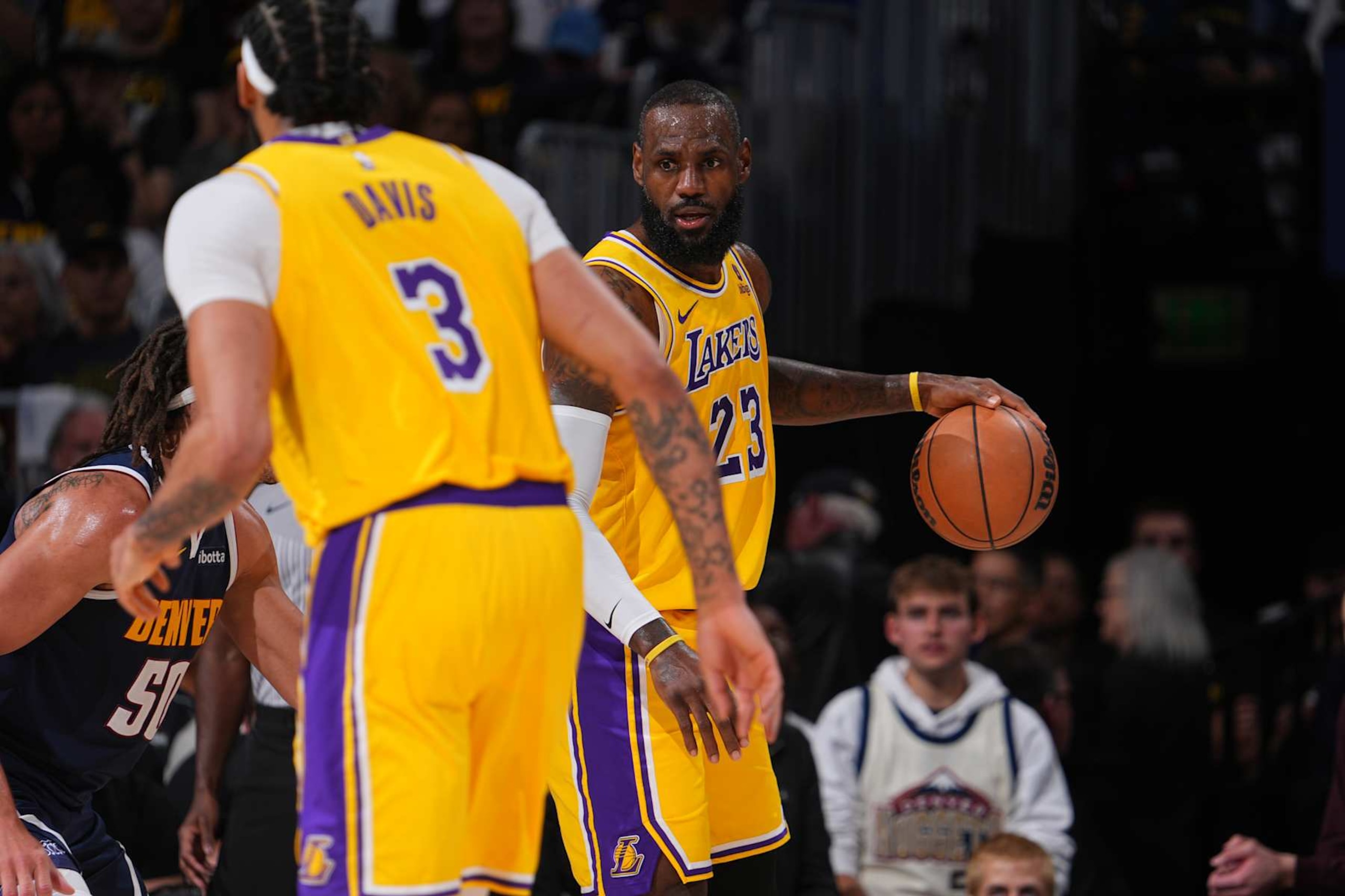 DENVER, CO - APRIL 29: LeBron James #23 of the Los Angeles Lakers handles the ball during the game against the Denver Nuggets during Round One Game Five of the 2024 NBA Playoffs on April 29, 2024 at the Ball Arena in Denver, Colorado. NOTE TO USER: User expressly acknowledges and agrees that, by downloading and/or using this Photograph, user is consenting to the terms and conditions of the Getty Images License Agreement. Mandatory Copyright Notice: Copyright 2024 NBAE (Photo by Bart Young/NBAE via Getty Images)