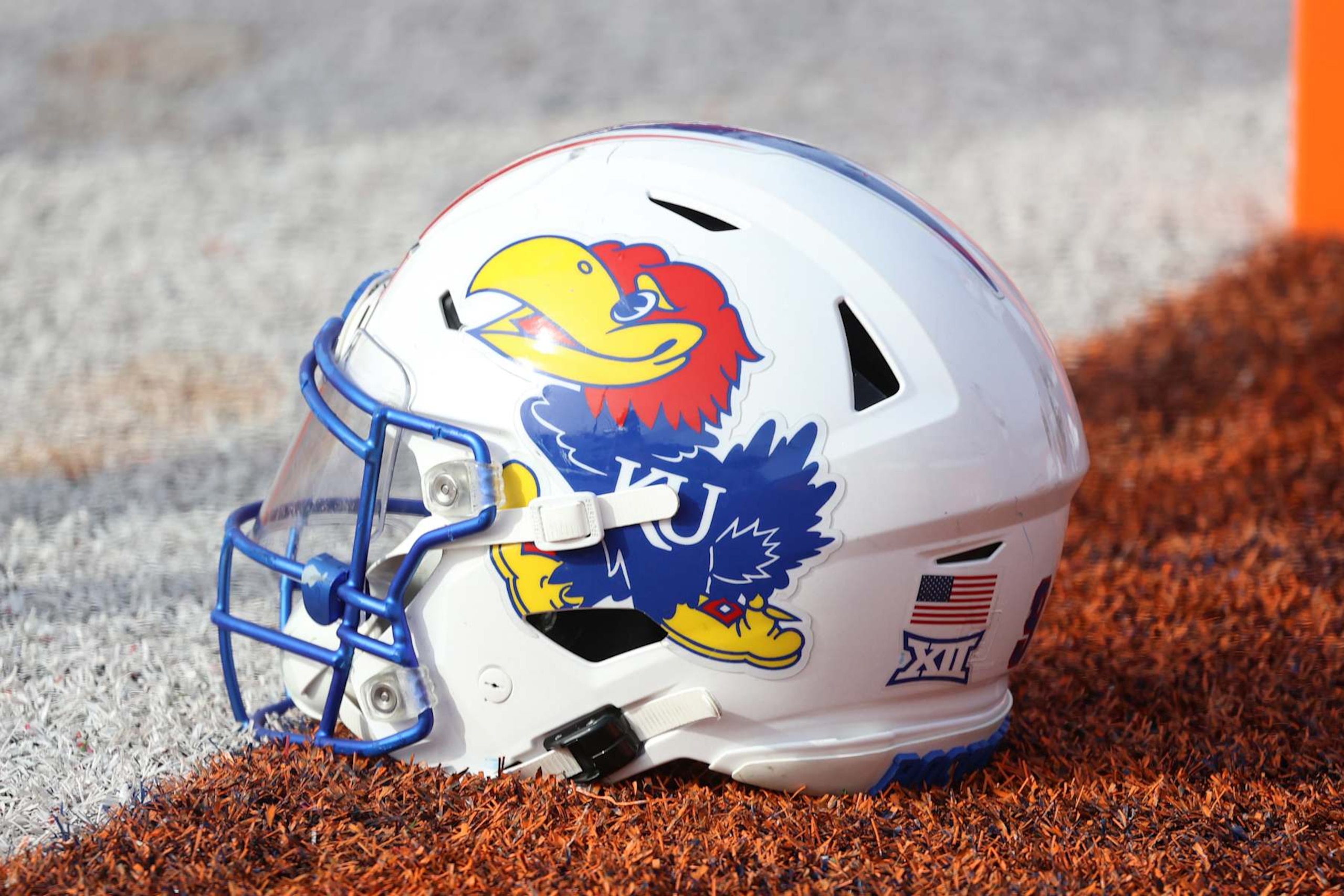 MOBILE, AL - FEBRUARY 01: A general view of a Kansas Jayhawks helmet during the National team practice for the Reese's Senior Bowl on February 1, 2024 at Hancock Whitney Stadium in Mobile, Alabama.  (Photo by Michael Wade/Icon Sportswire via Getty Images)