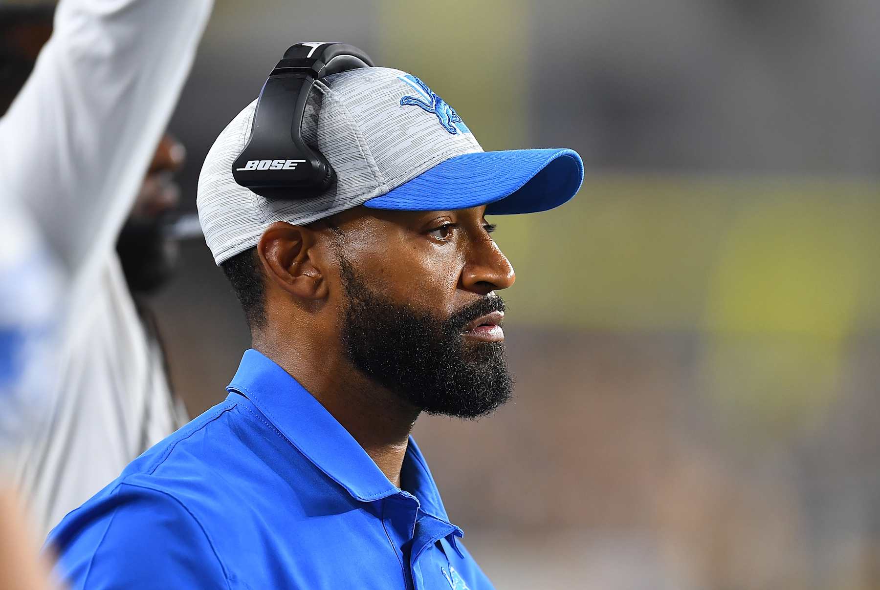 PITTSBURGH, PA - AUGUST 21:  Defensive backs coach Aubrey Pleasant of the Detroit Lions looks on during the game against the Pittsburgh Steelers at Heinz Field on August 21, 2021 in Pittsburgh, Pennsylvania. (Photo by Joe Sargent/Getty Images)