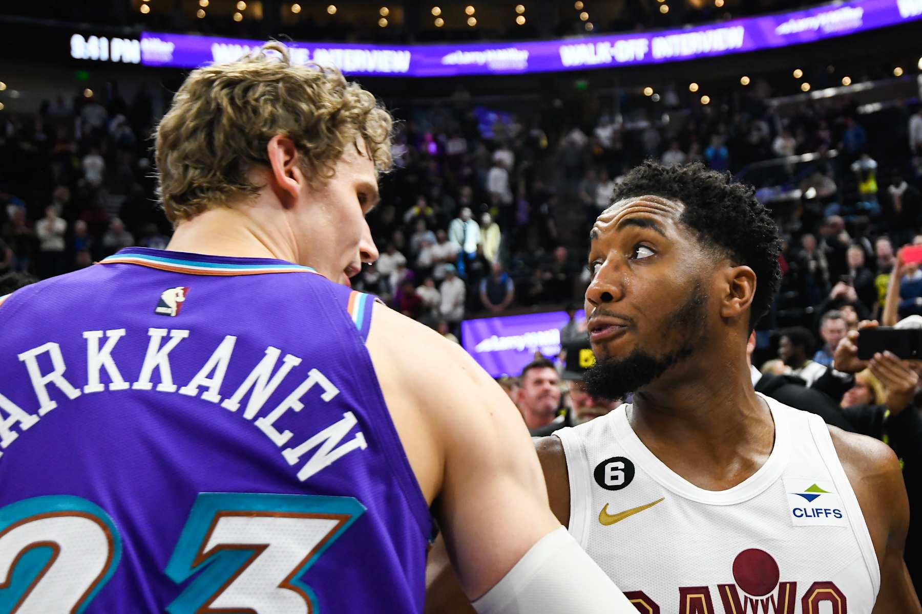 SALT LAKE CITY, UTAH - JANUARY 10: Donovan Mitchell #45 of the Cleveland Cavaliers speaks to Lauri Markkanen #23 of the Utah Jazz after a game at Vivint Arena on January 10, 2023 in Salt Lake City, Utah. NOTE TO USER: User expressly acknowledges and agrees that, by downloading and or using this photograph, User is consenting to the terms and conditions of the Getty Images License Agreement. (Photo by Alex Goodlett/Getty Images)