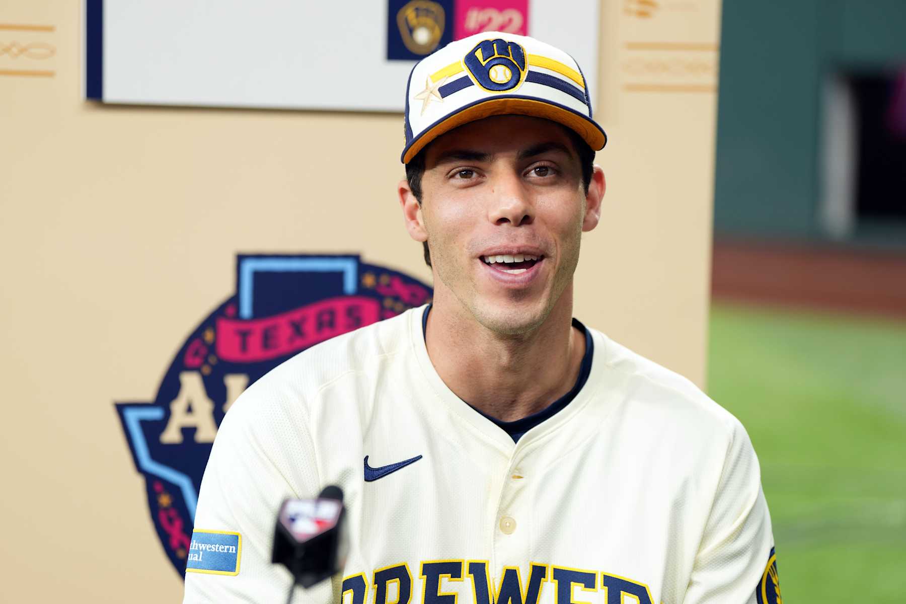 ARLINGTON, TEXAS - JULY 15: Christian Yelich #22 of the Milwaukee Brewers speaks to the mediaduring Gatorade All-Star Workout Day at Globe Life Field on July 15, 2024 in Arlington, Texas. (Photo by Sam Hodde/Getty Images)