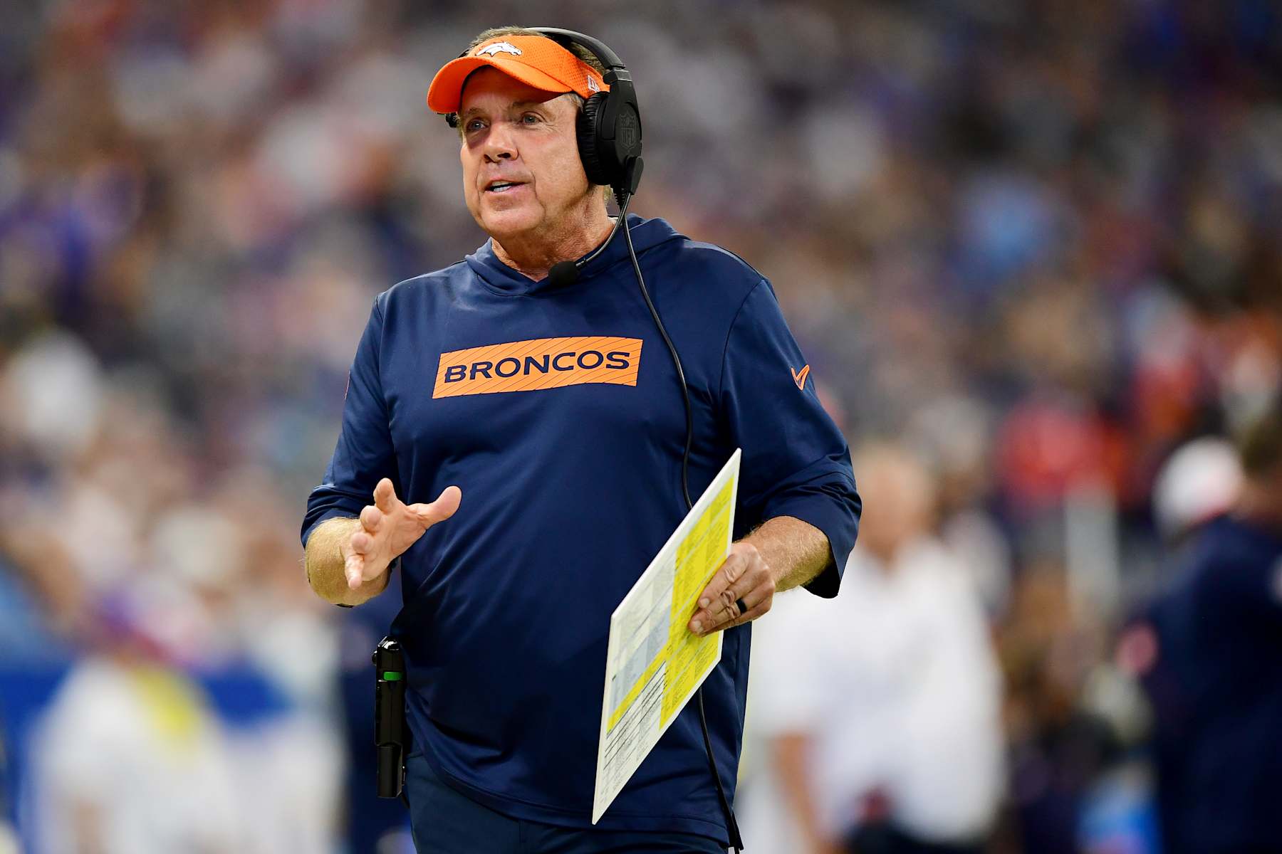 INDIANAPOLIS, INDIANA - AUGUST 11: Denver Broncos head coach Sean Payton reacts from the sidelines during the second half of a preseason game against the Indianapolis Colts at Lucas Oil Stadium on August 11, 2024 in Indianapolis, Indiana. (Photo by Emilee Chinn/Getty Images)