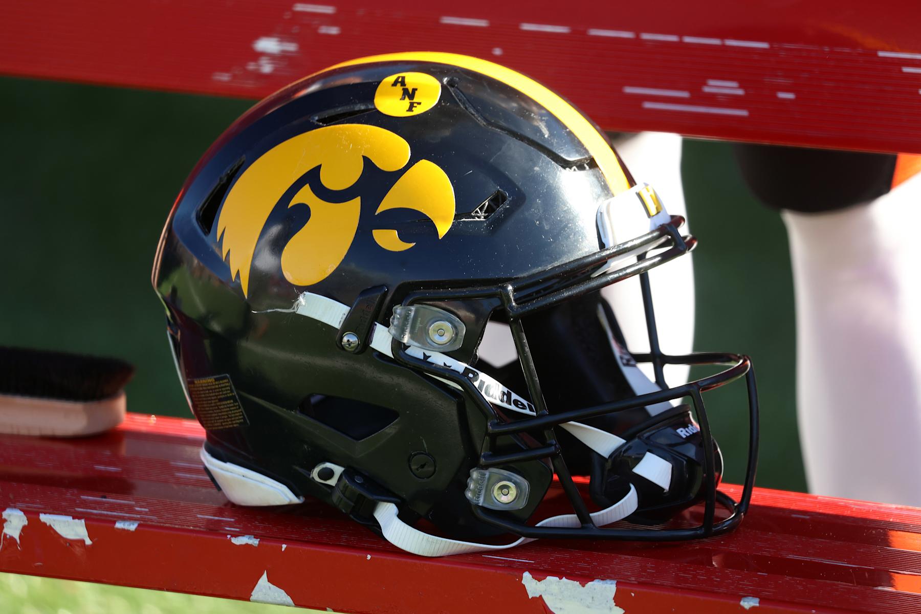 MOBILE, AL - JANUARY 31: A general view of a Iowa Hawkeyes helmet during the National team practice for the Reese's Senior Bowl on January 31, 2024 at Hancock Whitney Stadium in Mobile, Alabama.  (Photo by Michael Wade/Icon Sportswire via Getty Images)