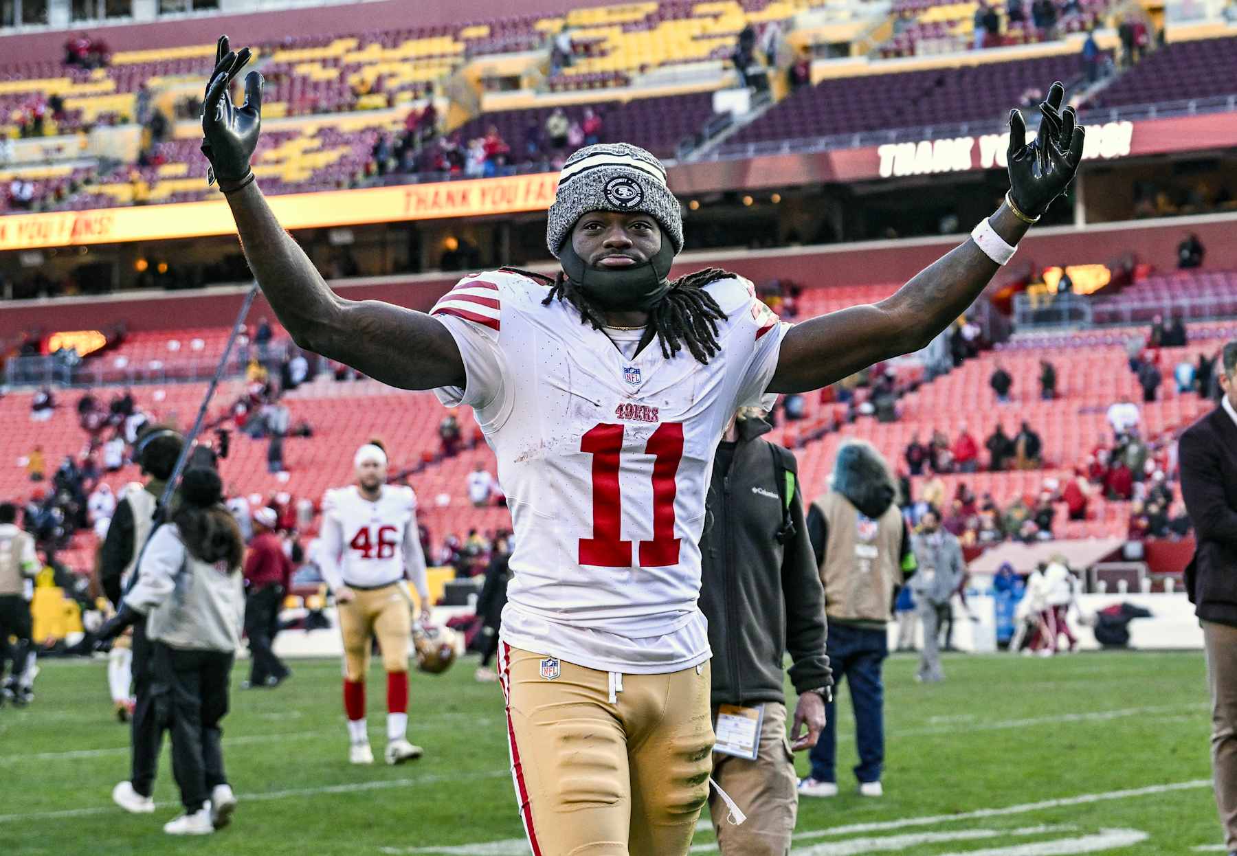 LANDOVER, MD - DECEMBER 31: San Francisco 49ers wide receiver Brandon Aiyuk (11) runs off the field following the NFL game between the San Francisco 49ers and the Washington Commanders on December 31, 2023 at Fed Ex Field in Landover, MD. (Photo by Mark Goldman/Icon Sportswire via Getty Images)