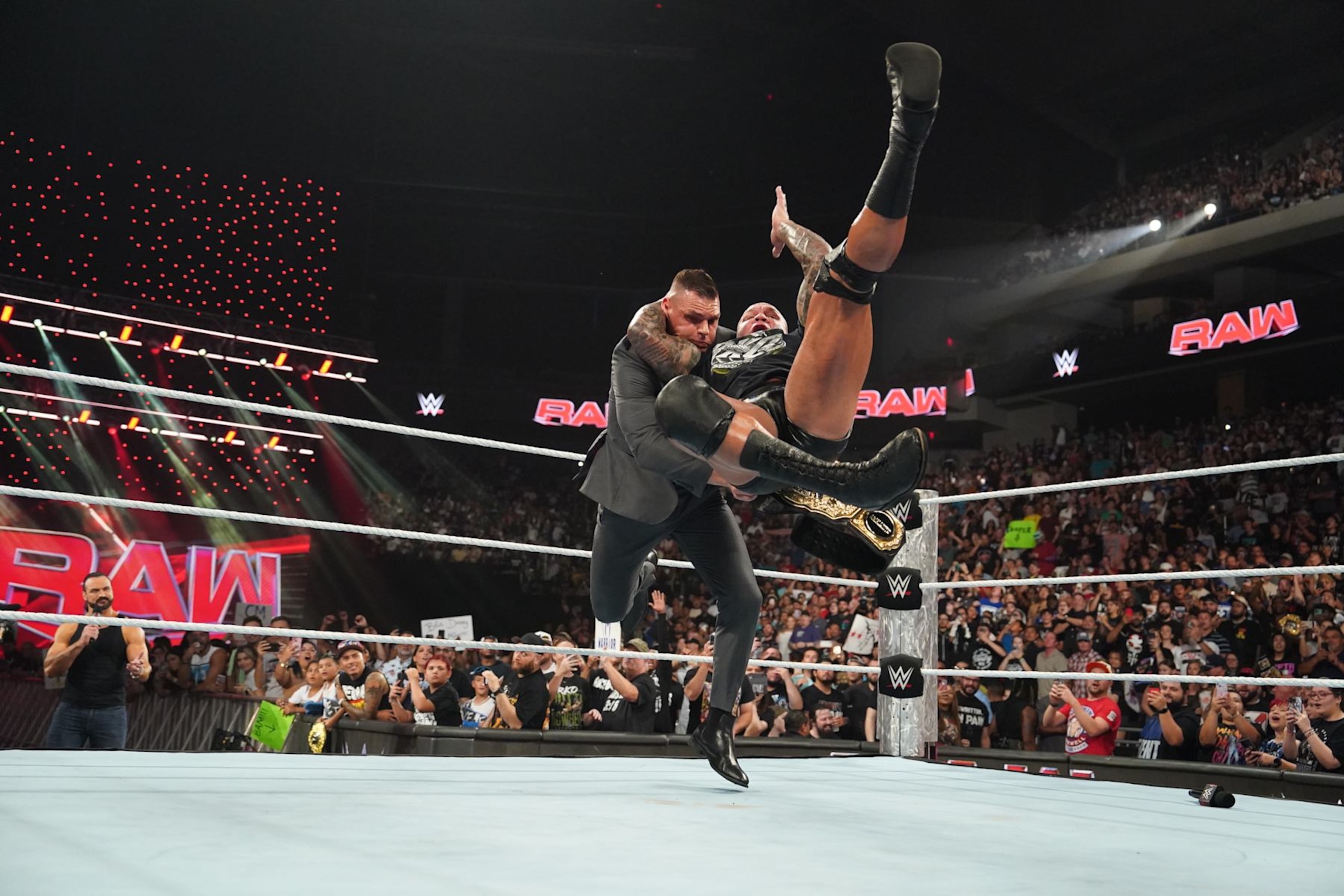 AUSTIN, TEXAS - AUGUST 12: Randy Orton RKOs World Heavyweight Champion Gunther during Monday Night RAW at Moody Center on August 12, 2024 in Austin, Texas.  (Photo by WWE/Getty Images)