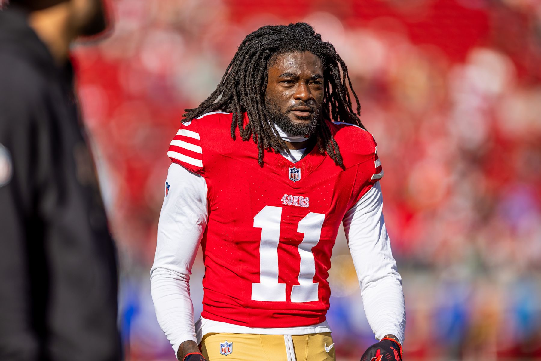 SANTA CLARA, CA - JANUARY 07: San Francisco 49ers wide receiver Brandon Aiyuk (11) before the NFL professional football game between the Los Angeles Rams and San Francisco 49ers on January 7, 2024 at Lev's Stadium in Santa Clara, CA. (Photo by Bob Kupbens/Icon Sportswire via Getty Images)