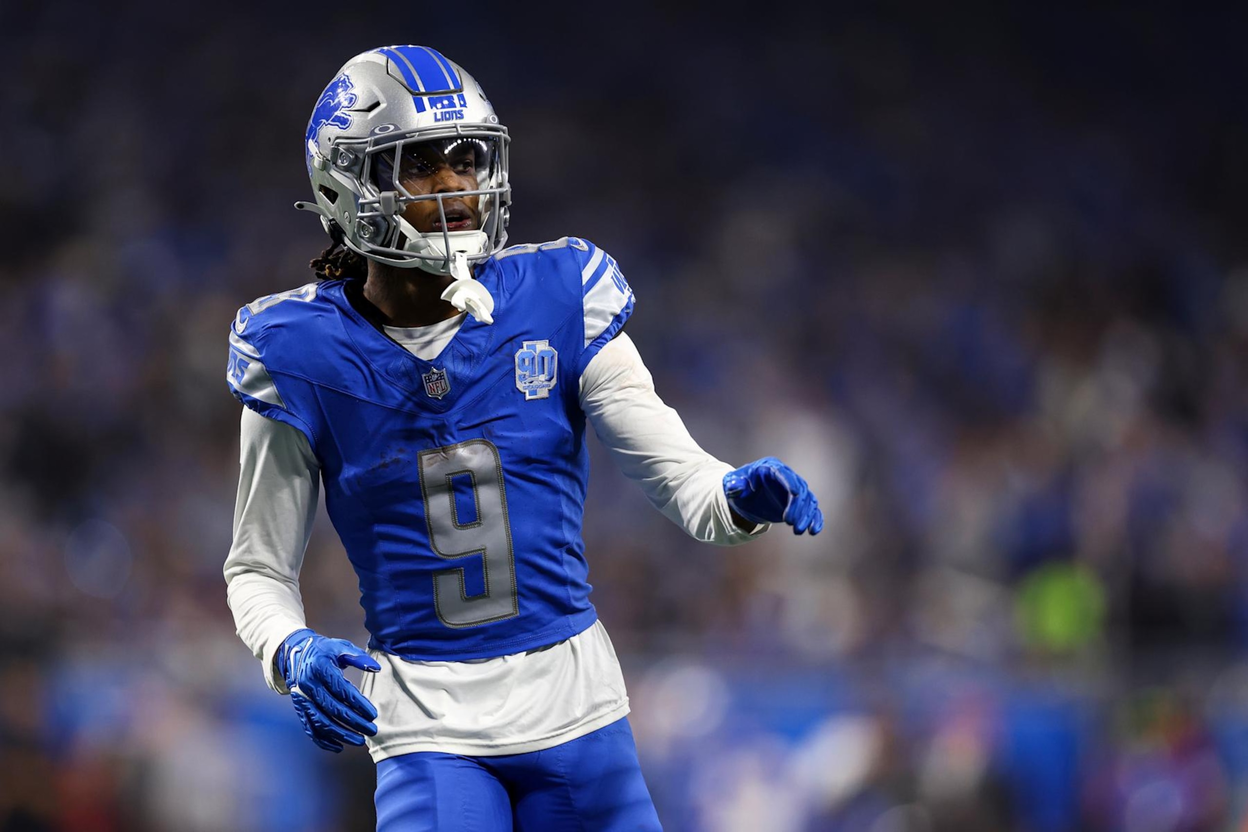 DETROIT, MI - JANUARY 14: Jameson Williams #9 of the Detroit Lions lines up before a play during an NFL wild-card playoff football game against the Los Angeles Rams at Ford Field on January 14, 2024 in Detroit, Michigan. (Photo by Kevin Sabitus/Getty Images)
