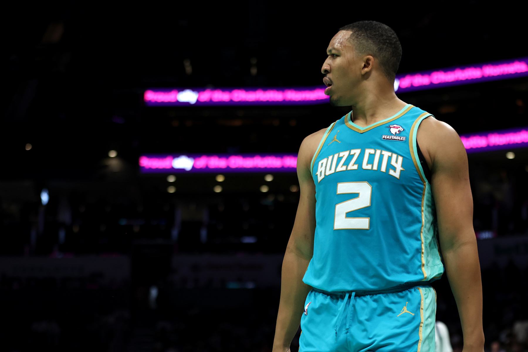 CHARLOTTE, NORTH CAROLINA - APRIL 09: Grant Williams #2 of the Charlotte Hornets reacts to a call during the second half of an NBA game .am at Spectrum Center on April 09, 2024 in Charlotte, North Carolina. NOTE TO USER: User expressly acknowledges and agrees that, by downloading and or using this photograph, User is consenting to the terms and conditions of the Getty Images License Agreement. (Photo by David Jensen/Getty Images)