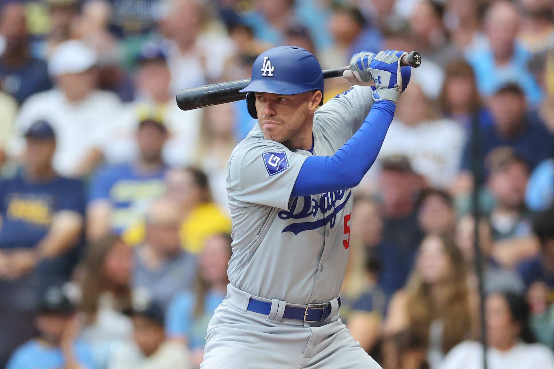 MILWAUKEE, WISCONSIN - AUGUST 12: Freddie Freeman #5 of the Los Angeles Dodgers at bat during the first inning against the Milwaukee Brewers at American Family Field on August 12, 2024 in Milwaukee, Wisconsin. (Photo by Stacy Revere/Getty Images)