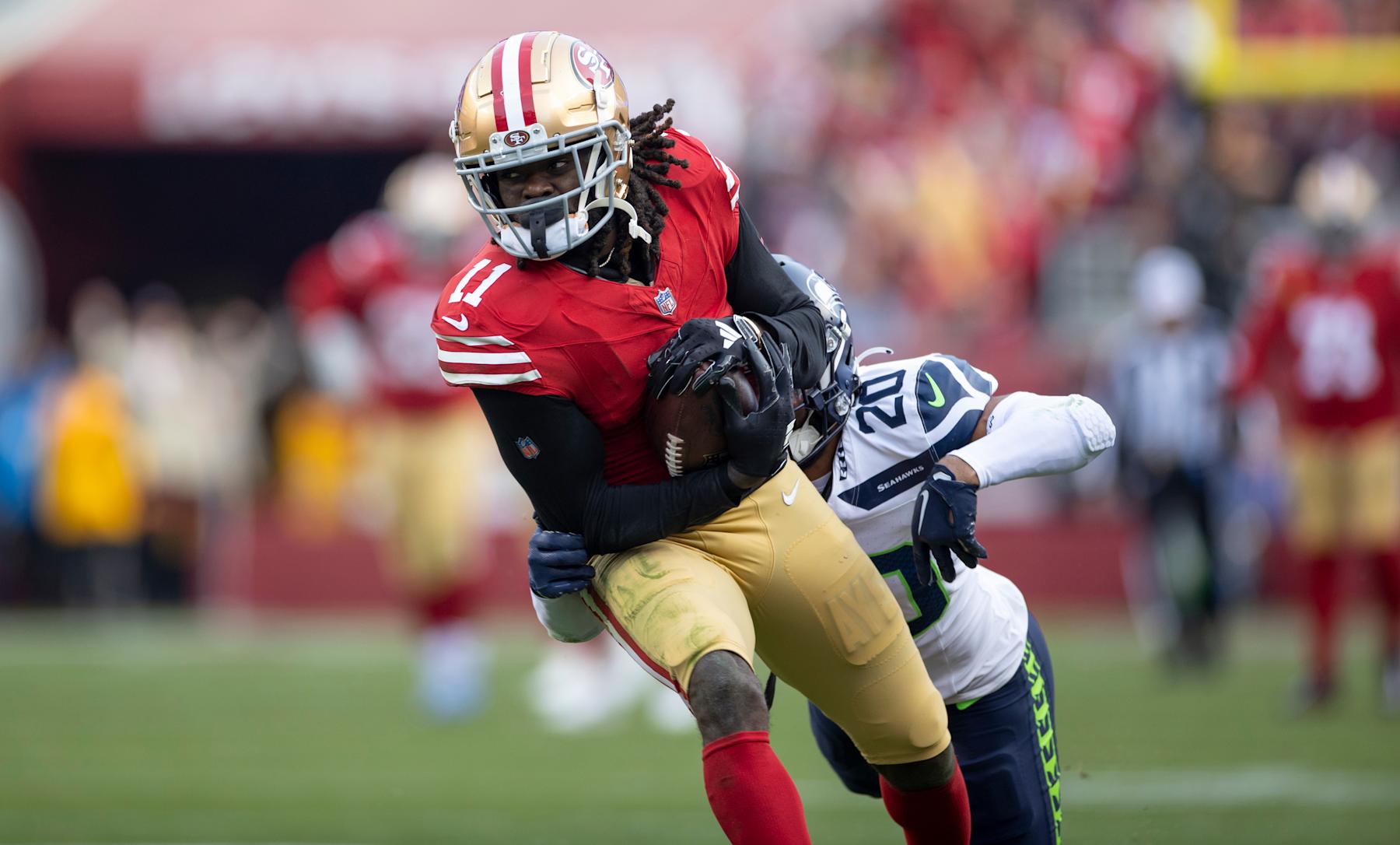 SANTA CLARA, CA - DECEMBER 10: Brandon Aiyuk #11 of the San Francisco 49ers runs after making a catch during the game against the Seattle Seahawks at Levi's Stadium on December 10, 2023 in Santa Clara, California. The 49ers defeated the Seahawks 28-16. (Photo by Michael Zagaris/San Francisco 49ers/Getty Images)