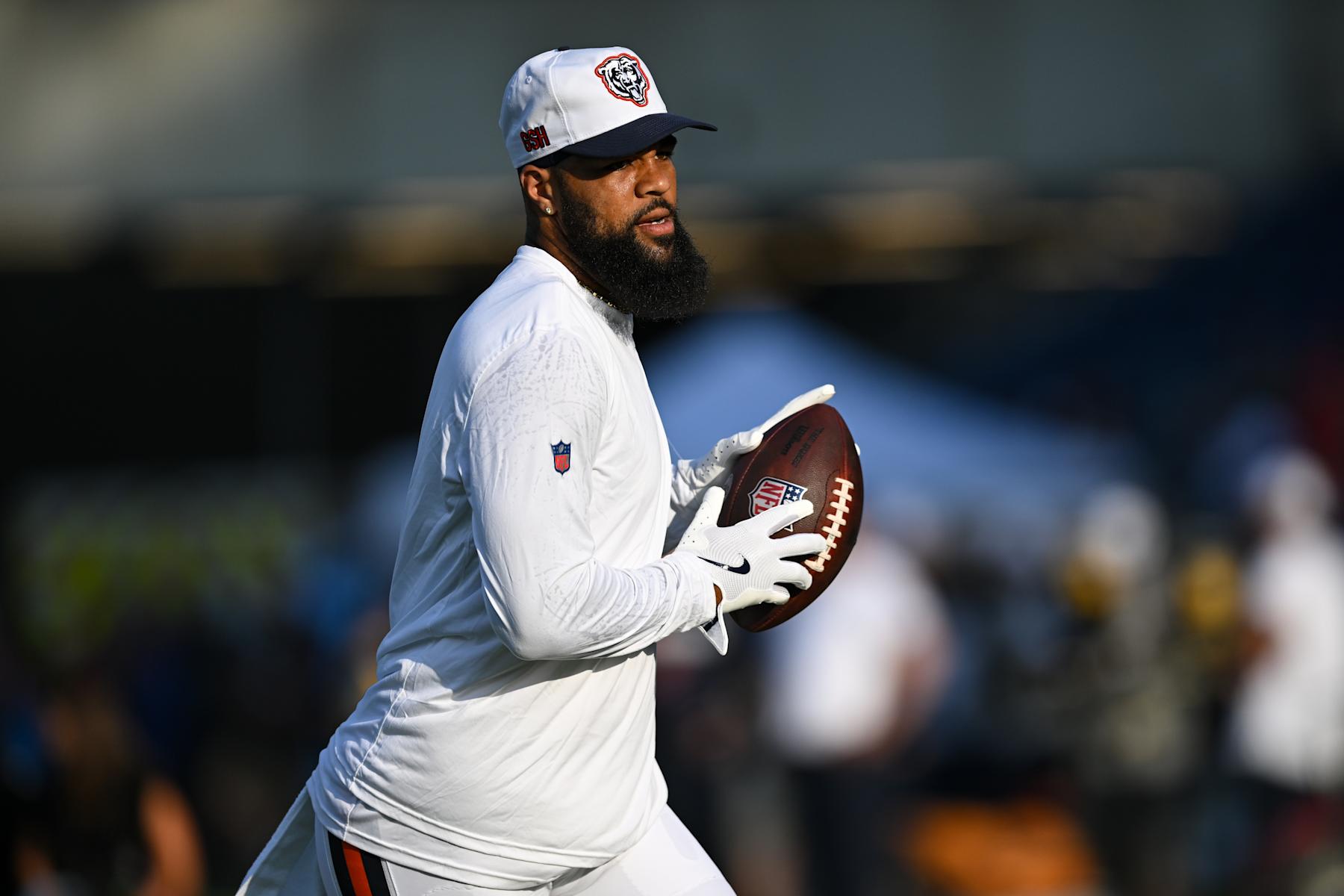 CANTON, OH - AUGUST 01: Chicago Bears WR Keenan Allen (13) during warmups for a National Football League preseason game between the Chicago Bears and Houston Texans on August 1, 2024 at Tom Benson Hall of Fame Stadium in Canton, OH. (Photo by James Black/Icon Sportswire via Getty Images)