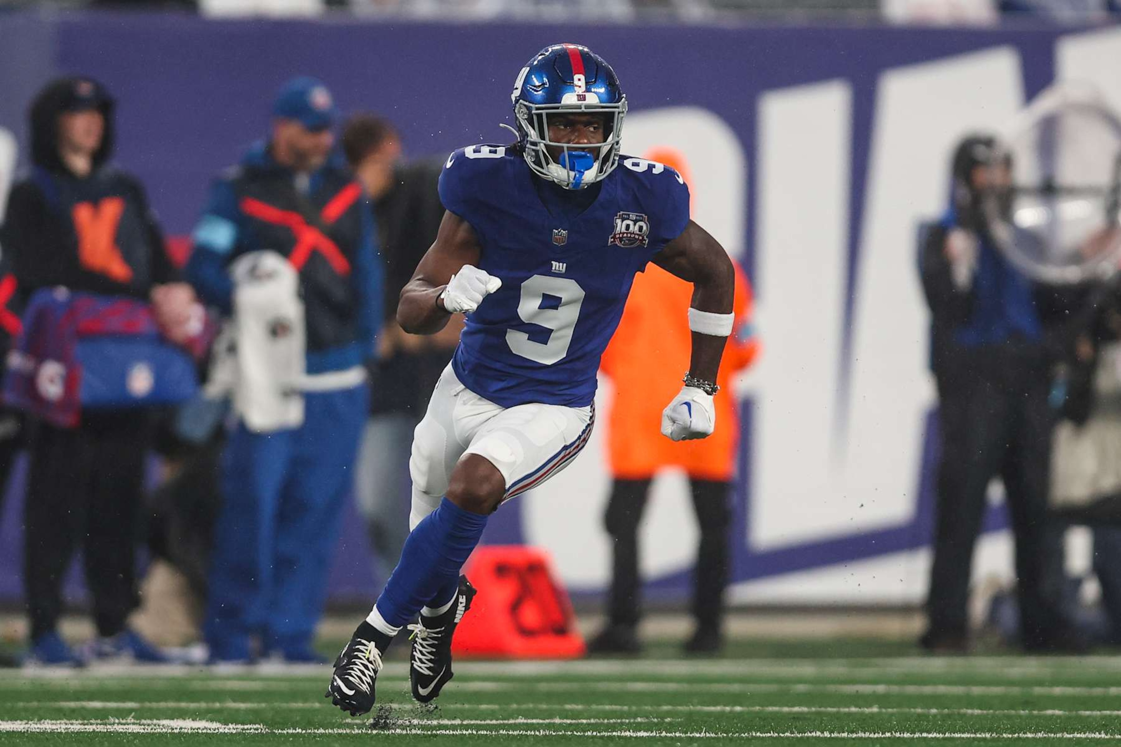 EAST RUTHERFORD, NJ - AUGUST 08: Malik Nabers #9 of the New York Giants runs a route during an NFL football game against the Detroit Lions at MetLife Stadium on August 8, 2024 in East Rutherford, NJ. (Photo by Perry Knotts/Getty Images)
