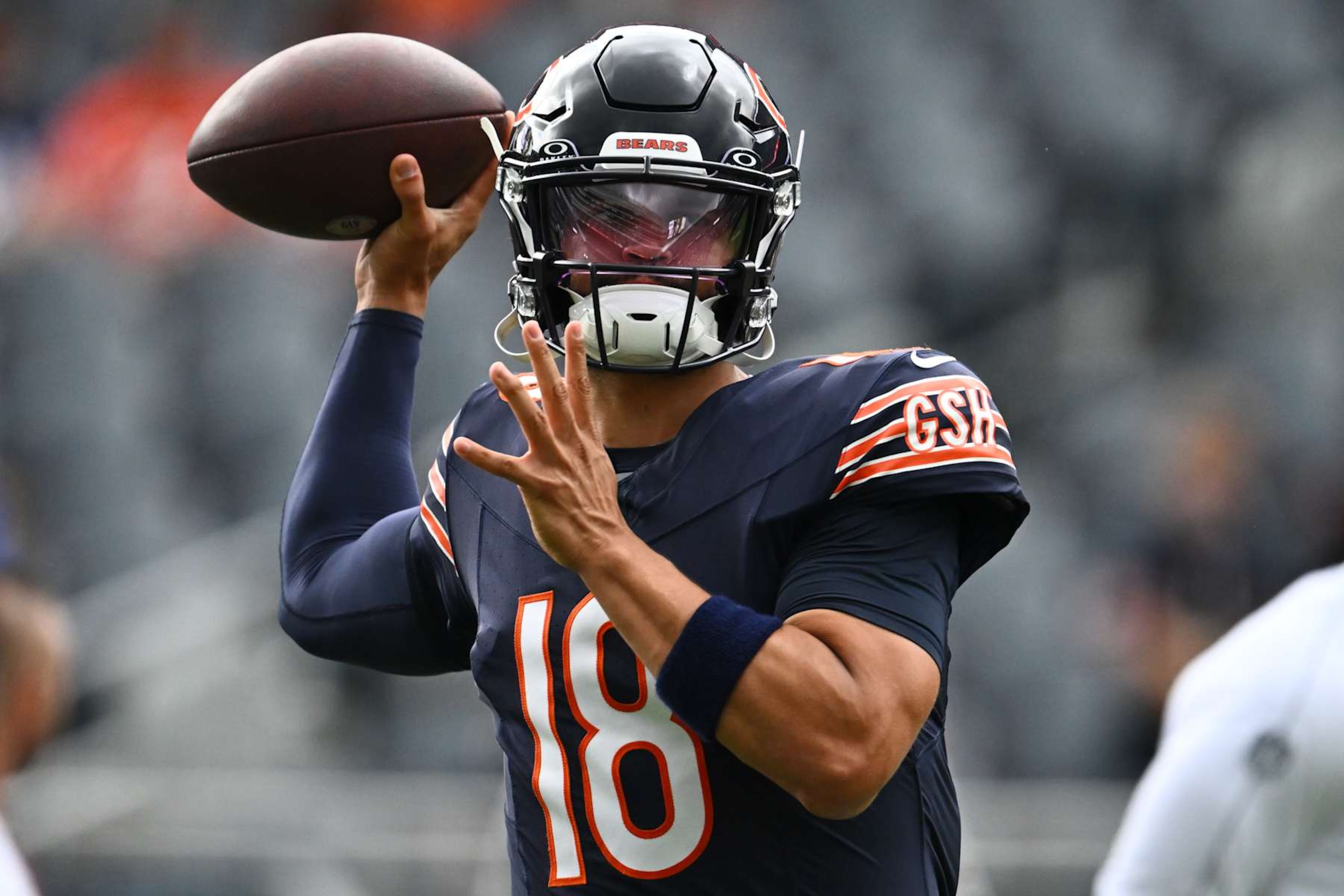 CHICAGO, ILLINOIS - AUGUST 17: Caleb Williams #18 of the Chicago Bears warms up before a preseason game against the Cincinnati Bengals at Soldier Field on August 17, 2024 in Chicago, Illinois. (Photo by Quinn Harris/Getty Images) CHICAGO, ILLINOIS - AUGUST 17: Caleb Williams #18 of the Chicago Bears warms up before a preseason game against the Cincinnati Bengals at Soldier Field on August 17, 2024 in Chicago, Illinois. (Photo by Quinn Harris/Getty Images)