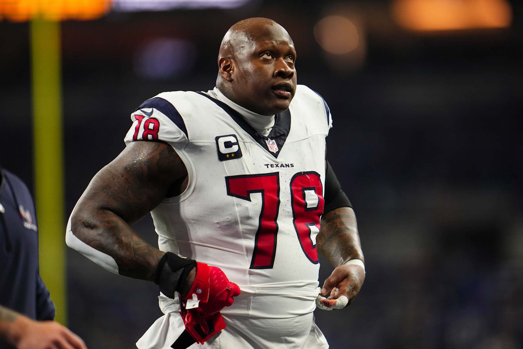 INDIANAPOLIS, IN - JANUARY 06: Laremy Tunsil #78 of the Houston Texans runs across the field during an NFL football game against the Indianapolis Colts at Lucas Oil Stadium on January 6, 2024 in Indianapolis, Indiana. (Photo by Cooper Neill/Getty Images)