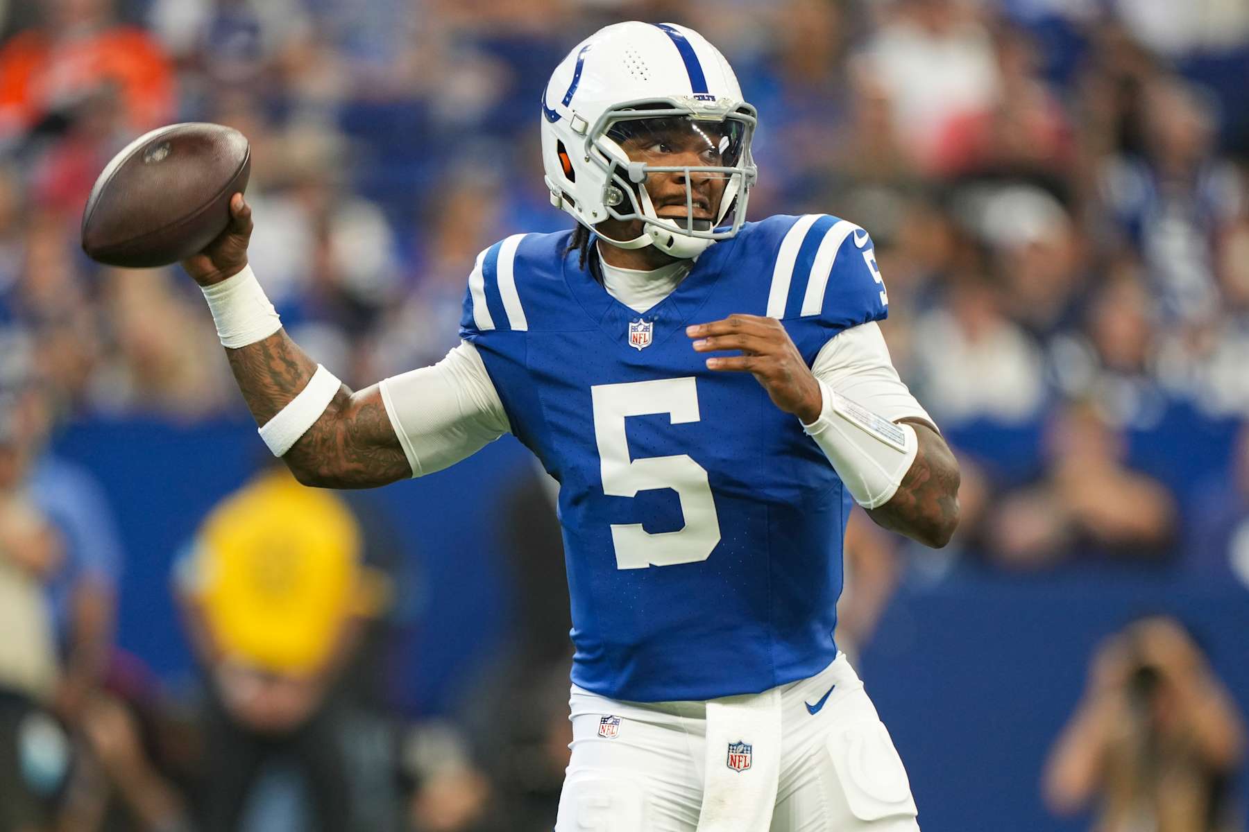 INDIANAPOLIS, IN - AUGUST 11: Anthony Richardson #5 of the Indianapolis Colts throws a pass during an NFL preseason football game against the Denver Broncos at Lucas Oil Stadium on August 11, 2024 in Indianapolis, Indiana. (Photo by Todd Rosenberg/Getty Images)